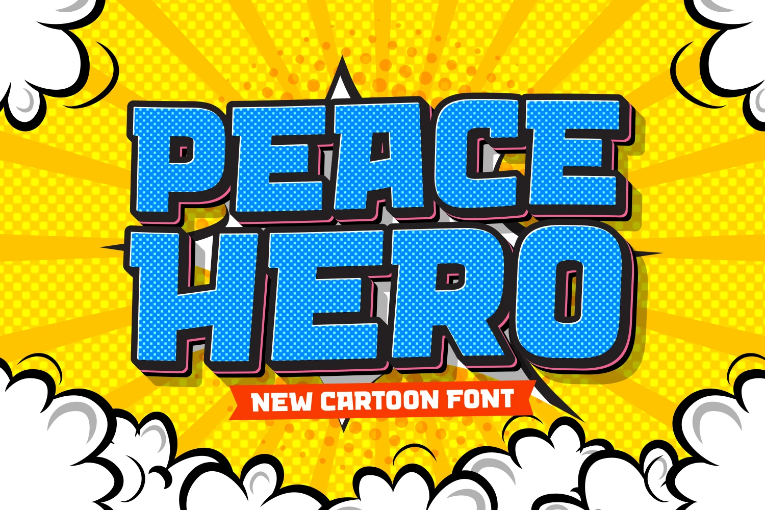 Peace Hero Font preview with thick blue comic letters, dotted halftone texture, and bold black outline