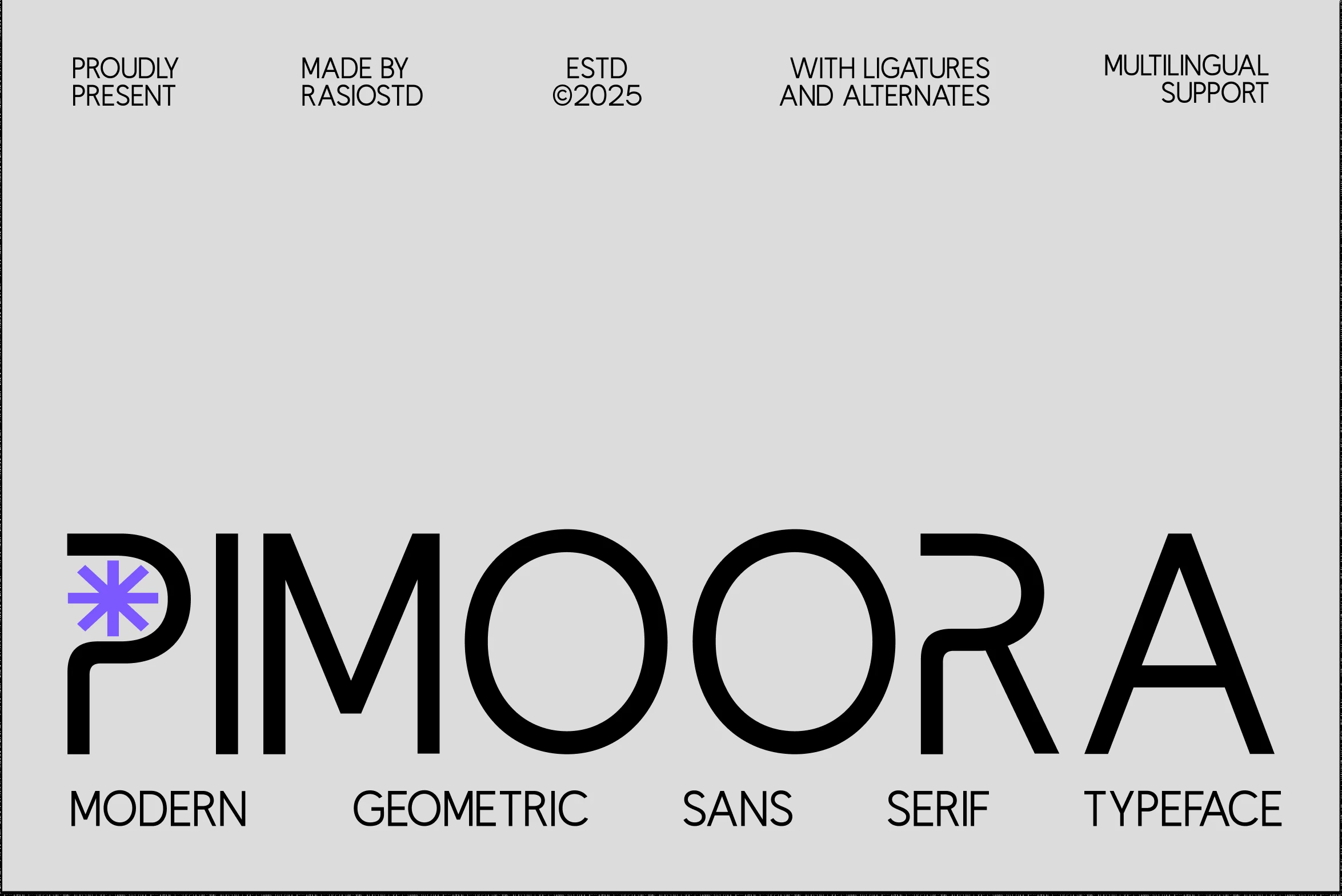 Pimoora Font preview with black geometric sans serif lettering and curved edges