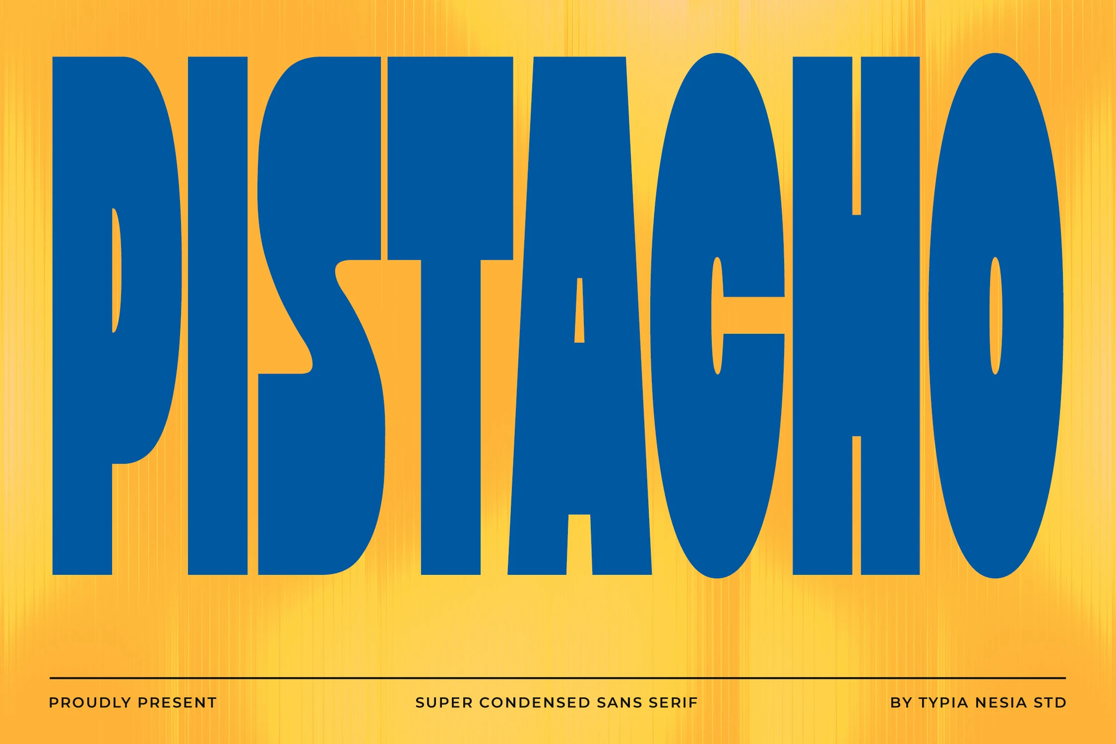 Pistacho Font preview with tall blue retro condensed sans serif lettering
