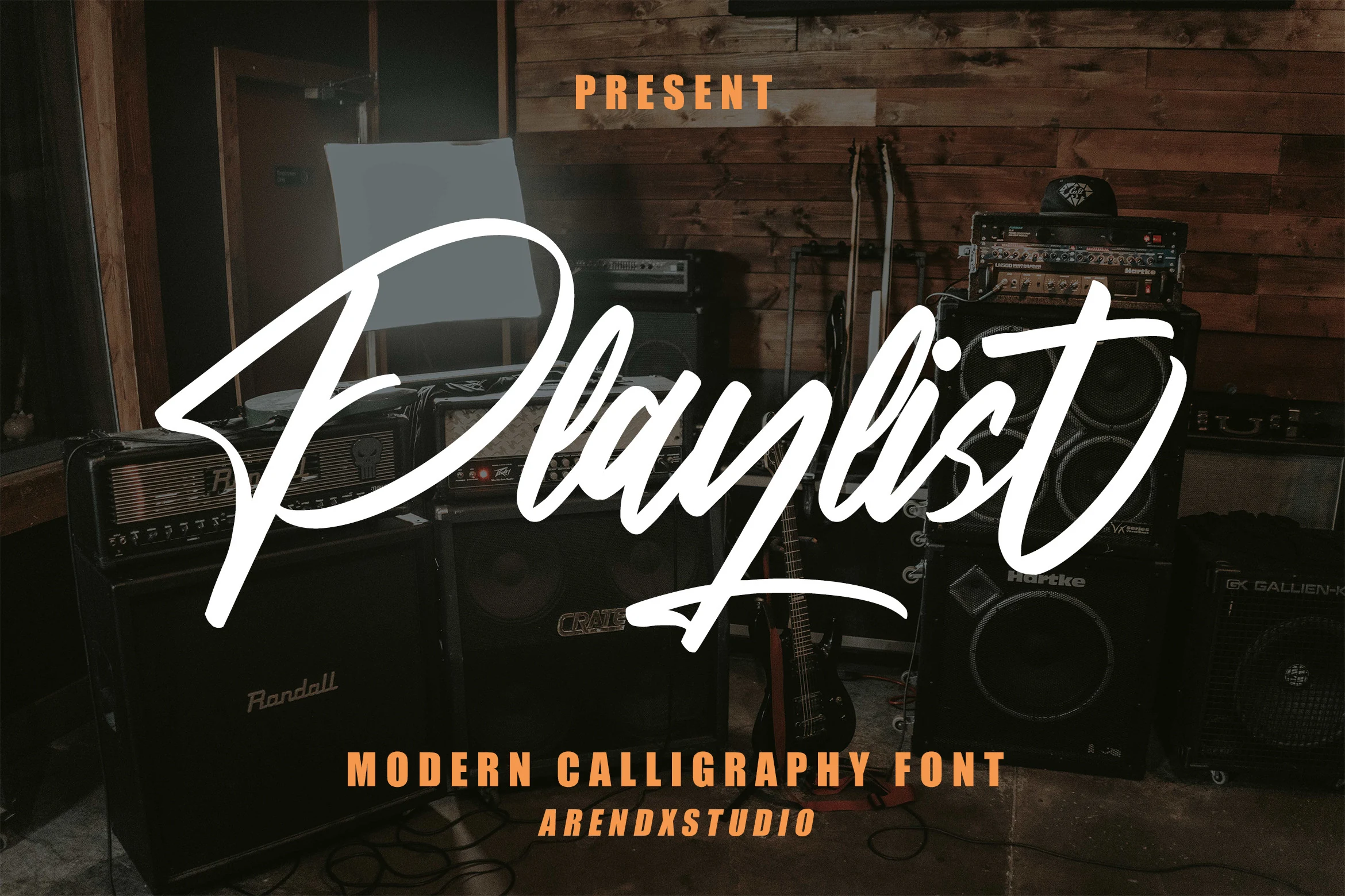 Playlist Font preview with bold white handwritten script and sweeping brush-style strokes