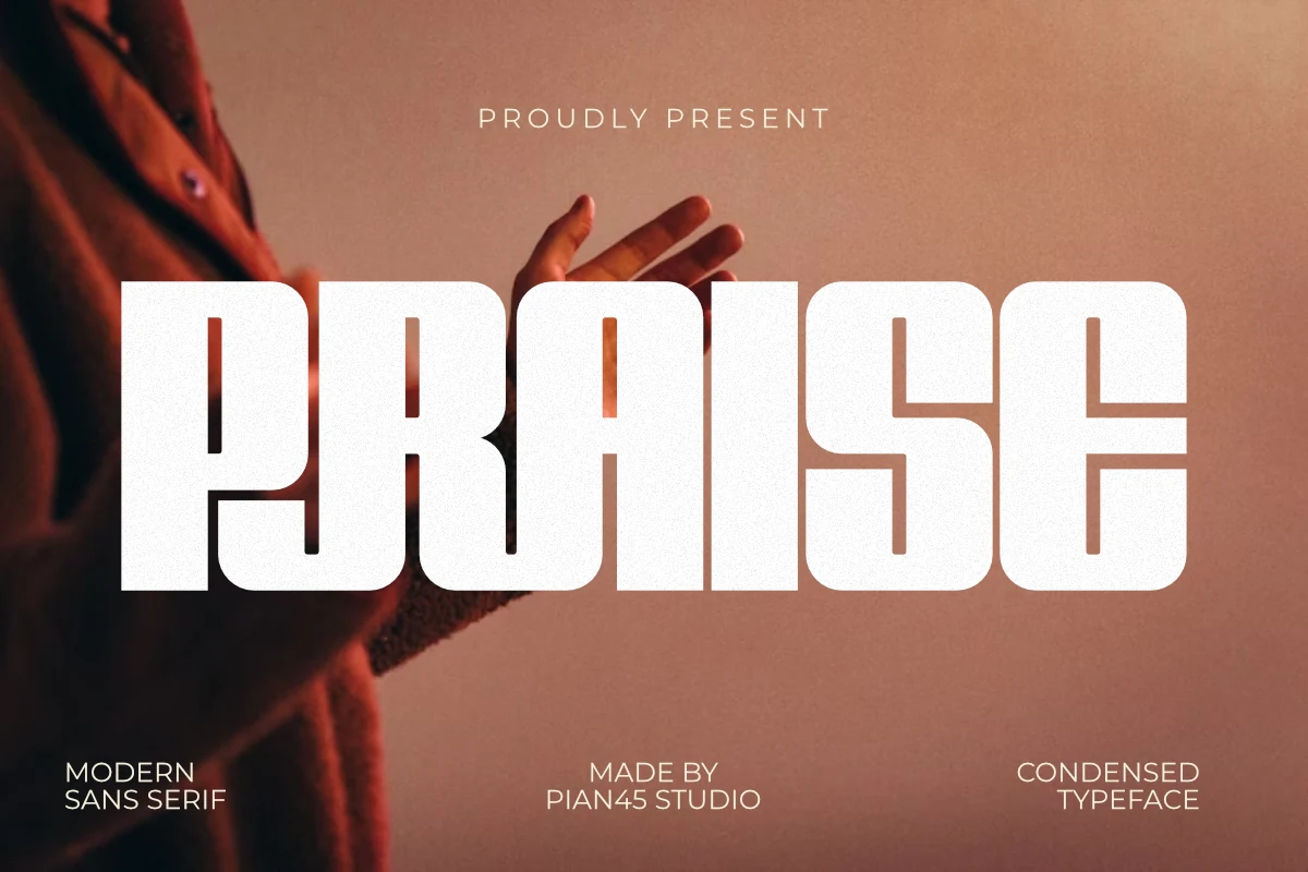 Praise Font preview with bold rounded white condensed uppercase lettering