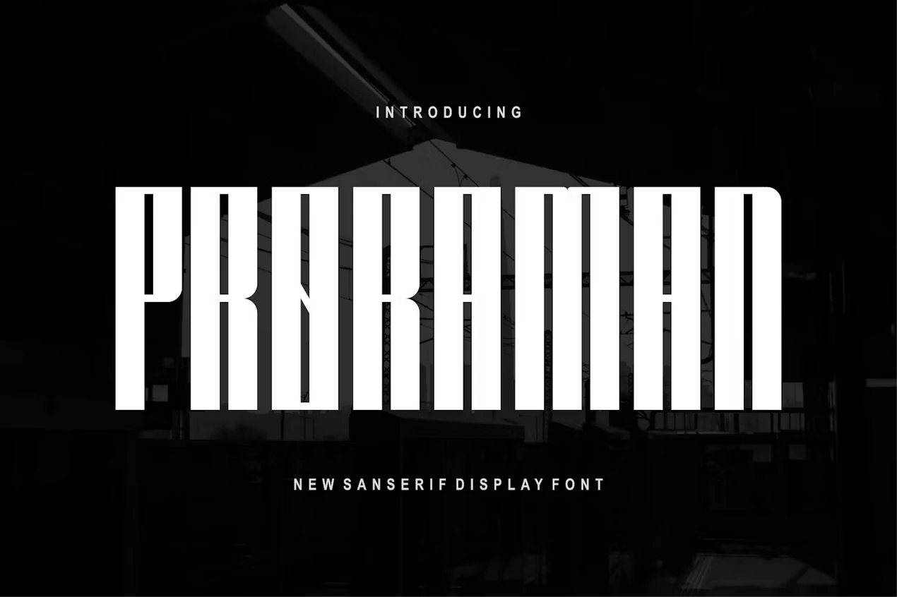 Proraman Font preview in tall white condensed sans serif capitals