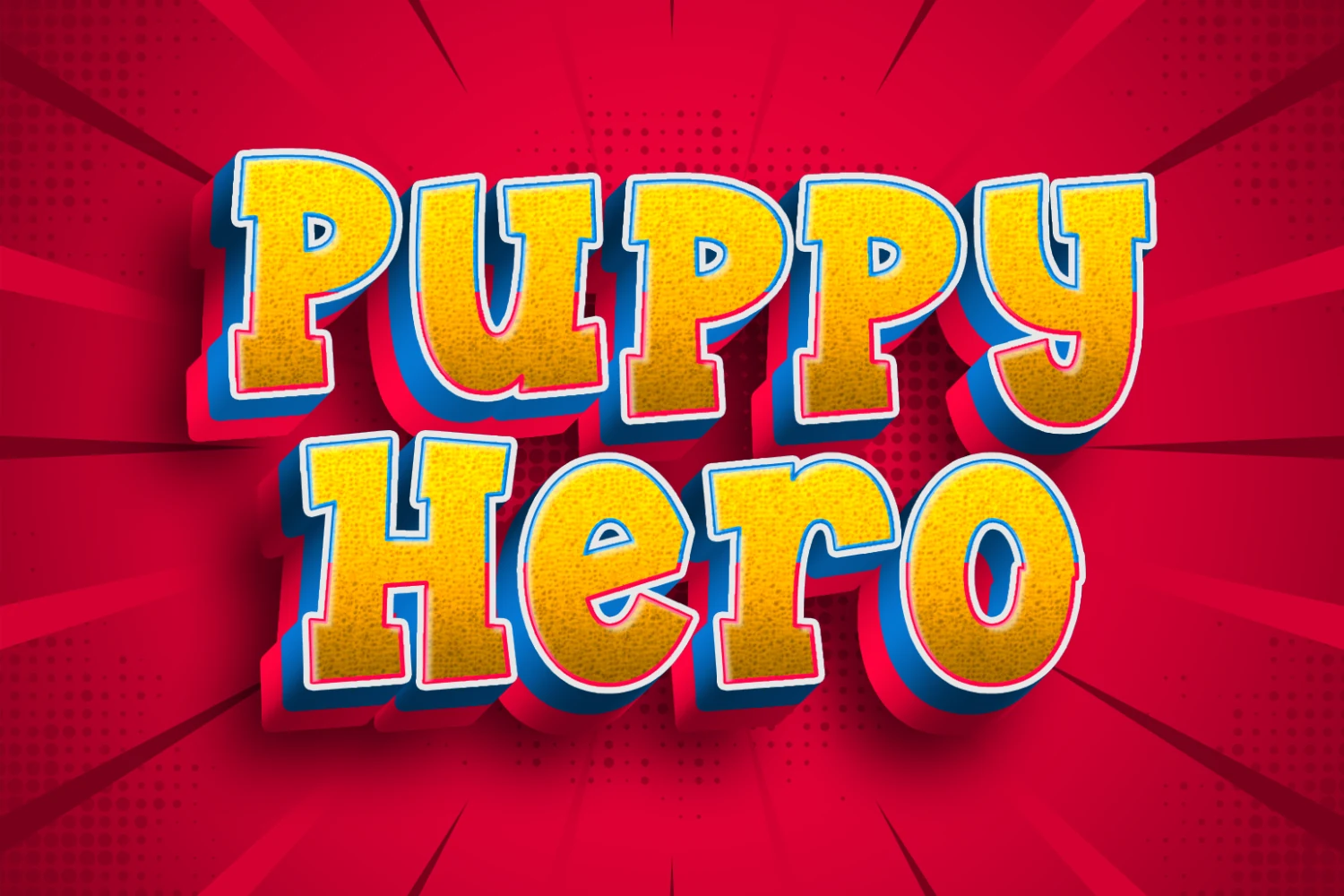 Puppy Hero Font preview with chunky yellow cartoon letters, thick blue shadow, and bold serif shapes