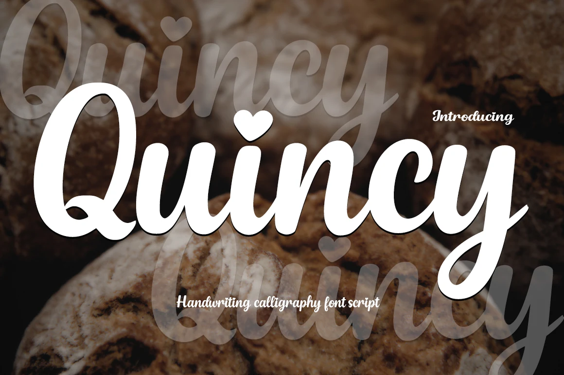 Quincy Font preview in bold white handwritten script with a heart-shaped i dot