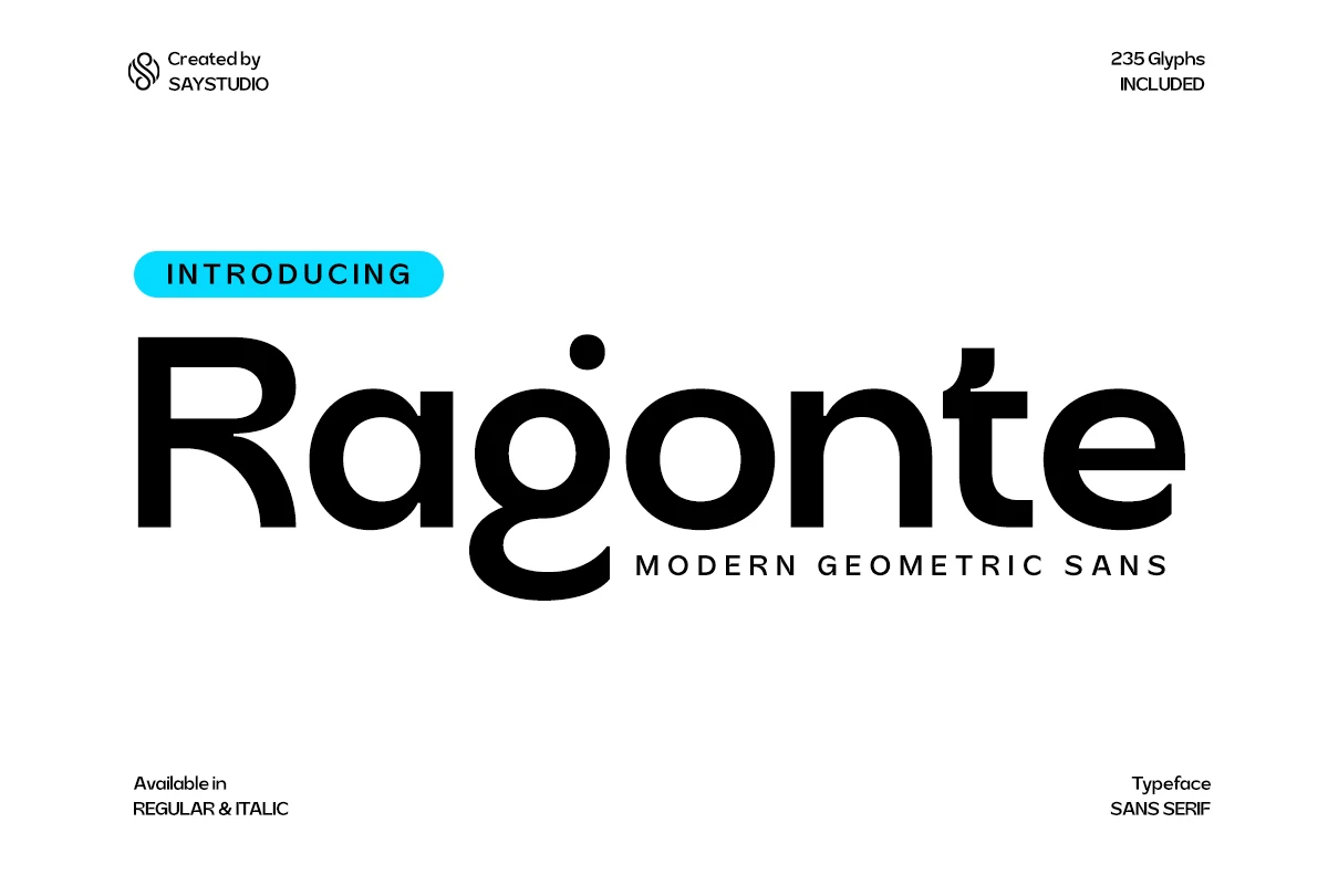 Ragonte Font preview with bold black geometric sans lettering and a curved single-storey g