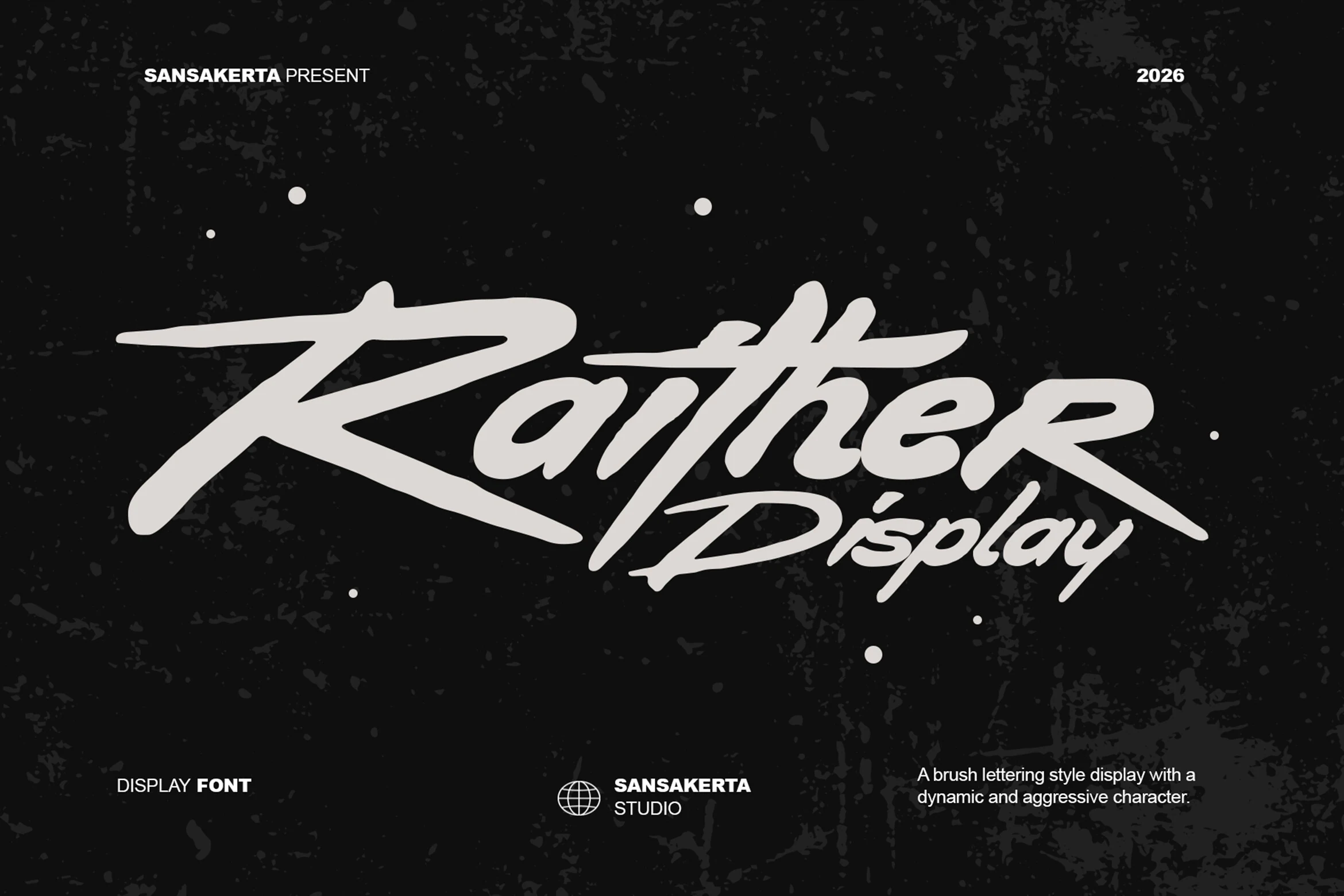 Raither Display Font preview with aggressive white brush script lettering and long sweeping strokes
