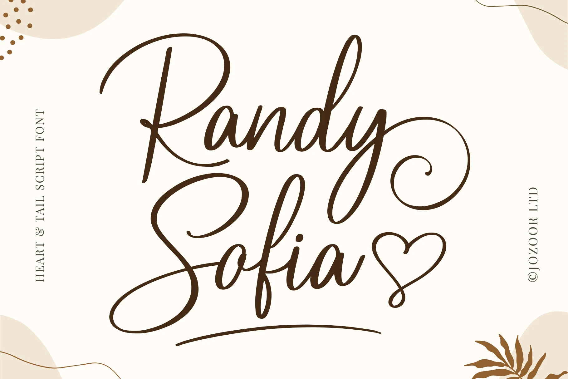Randy Sofia Font preview in brown romantic script with looping swashes and a heart-shaped flourish