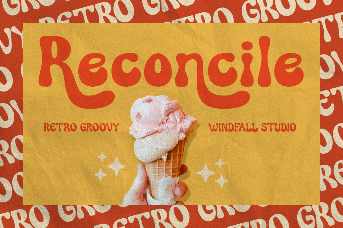 Reconcile Font bold retro groovy orange lettering with rounded curves