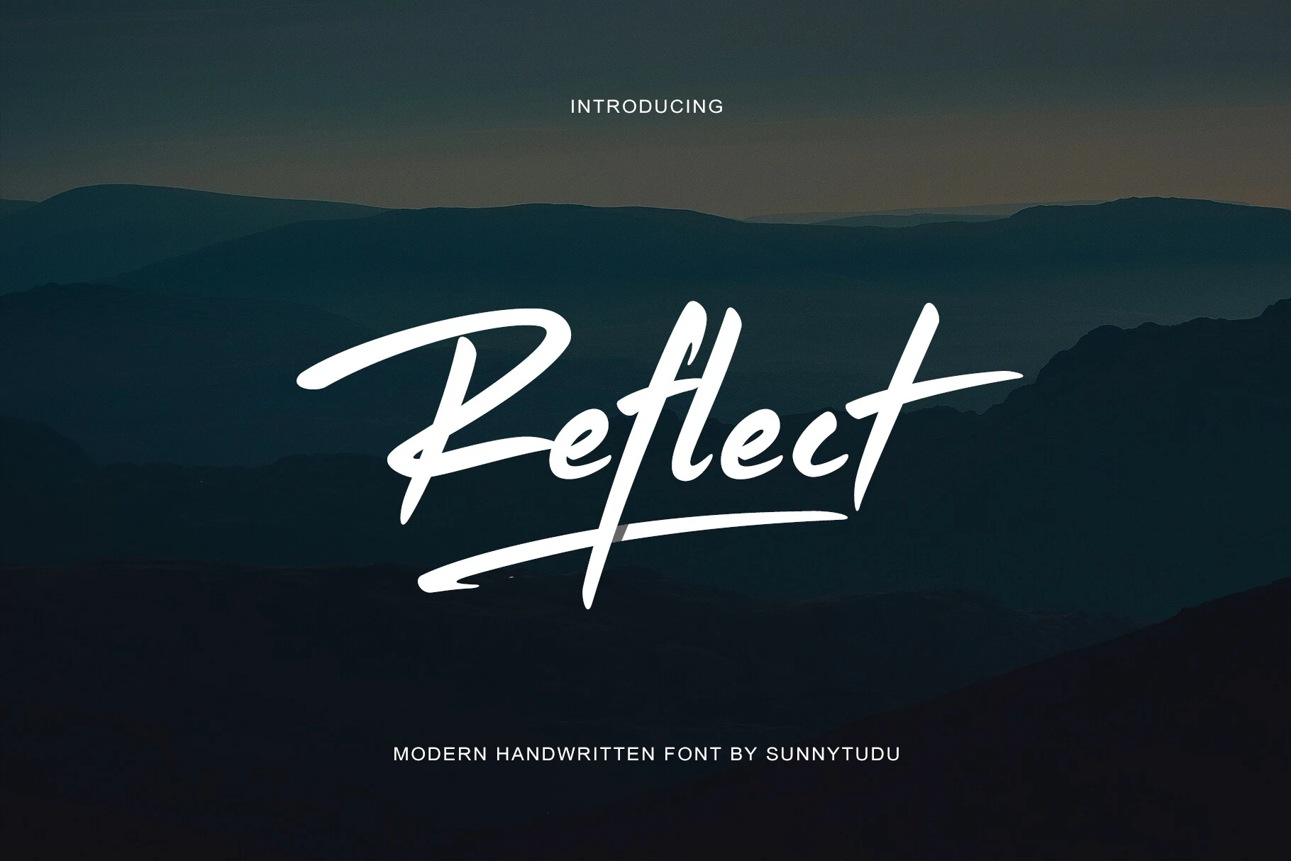 Reflect Handwritten Font preview in bold white dry-brush script with sweeping strokes and an underline swash