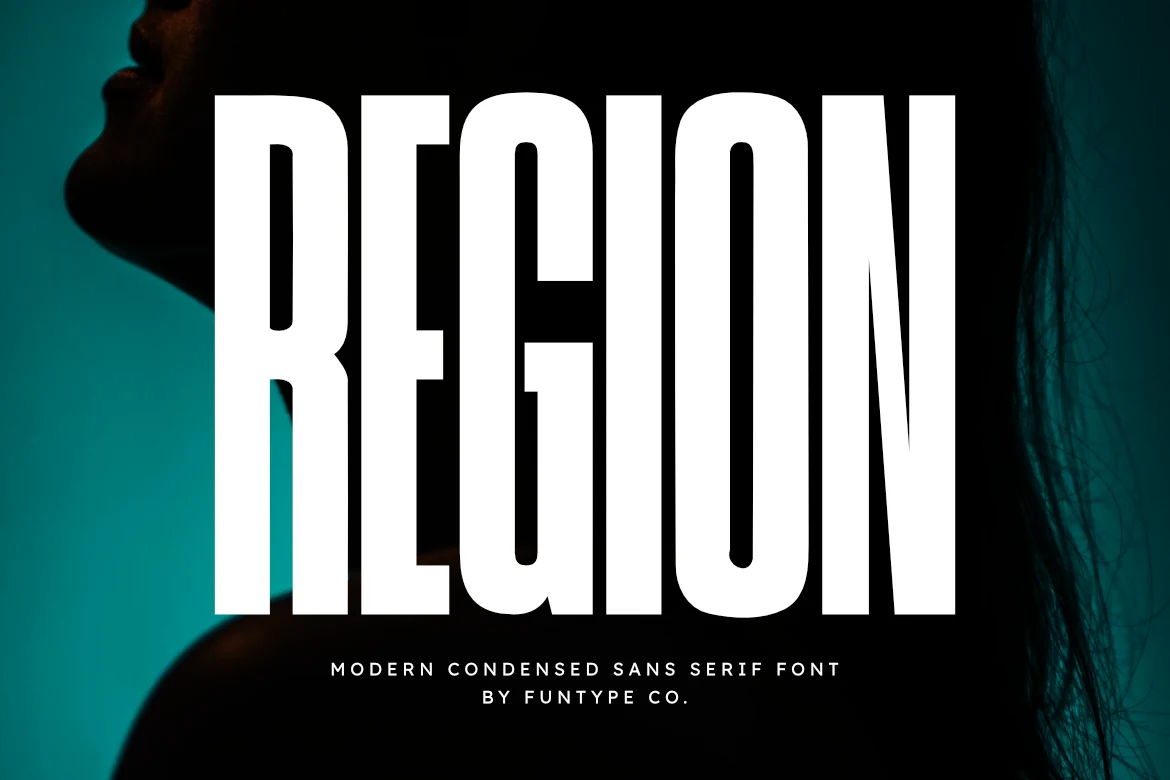 Region Font preview with bold white condensed sans serif lettering