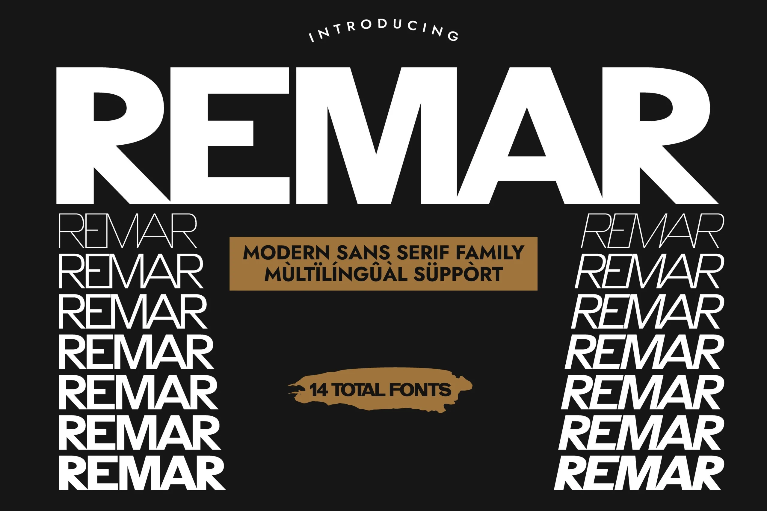 Remar Font preview with bold white grotesque sans serif lettering and multiple weight styles