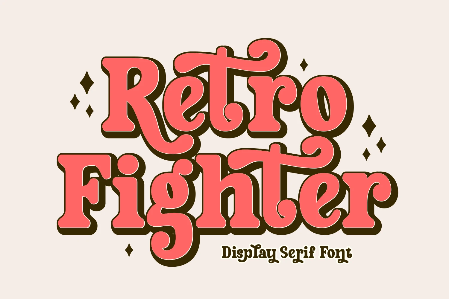 Retro Fighter Font preview with coral chunky retro serif lettering and swashy hand-drawn curves
