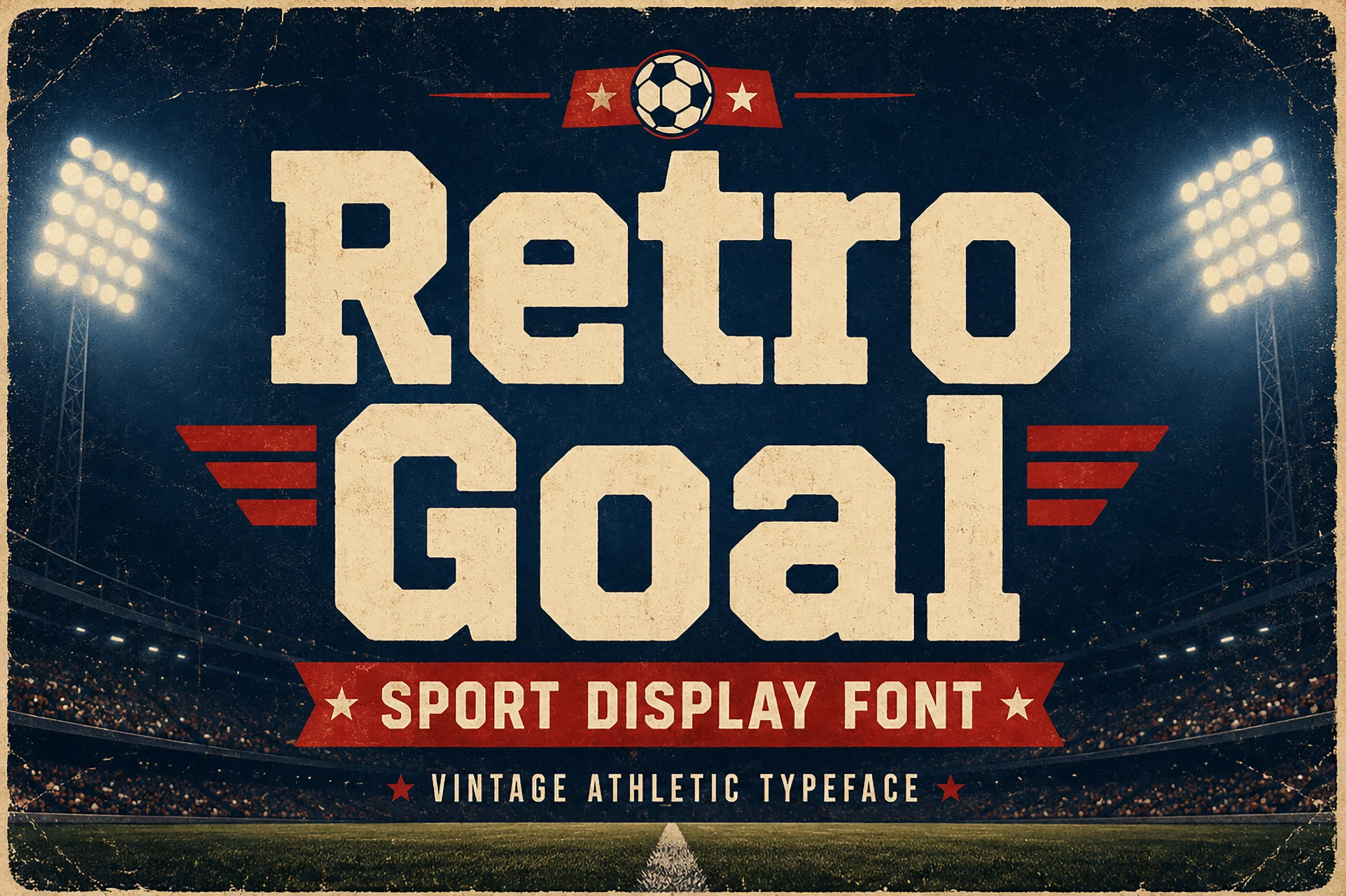 Retro Goal Font preview with bold varsity block lettering in a vintage sports style