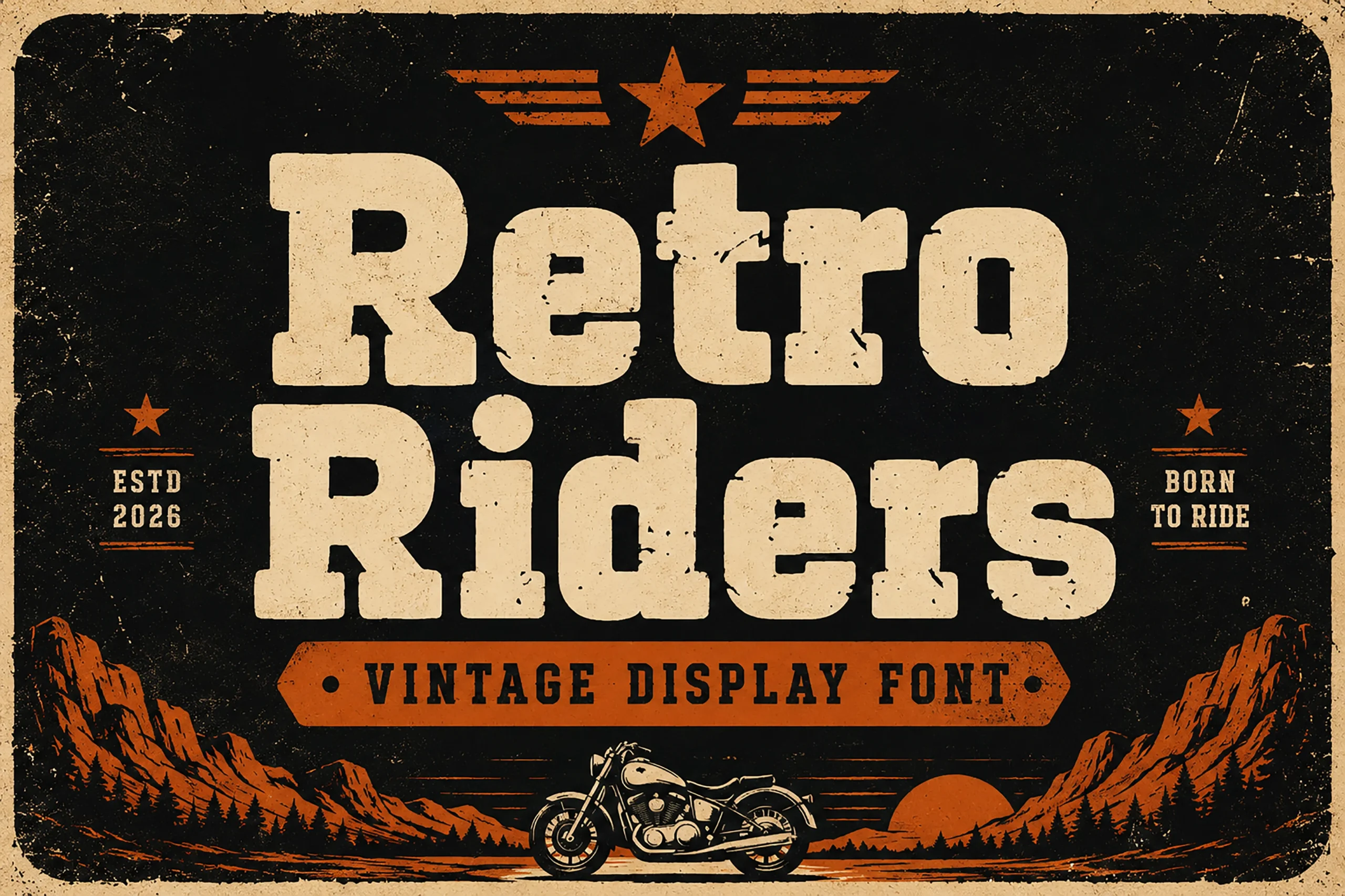 Retro Riders Font preview with bold distressed block lettering in a biker-inspired vintage style
