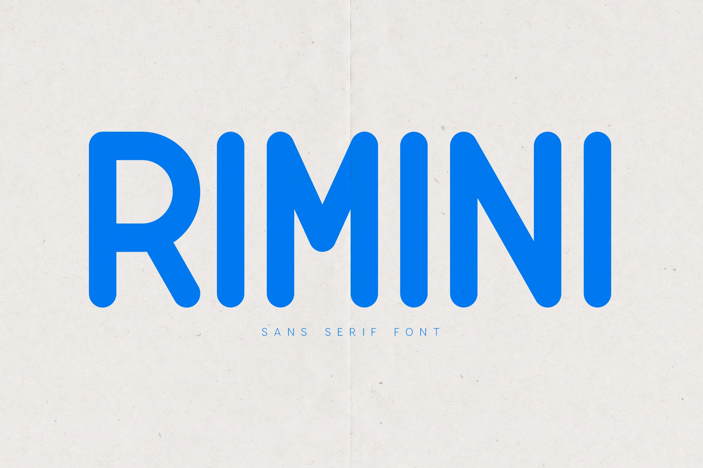Rimini Font preview in bright blue rounded sans serif lettering on a light textured background