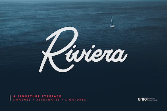 Riviera Font preview with smooth white handwritten script and sweeping capital letter