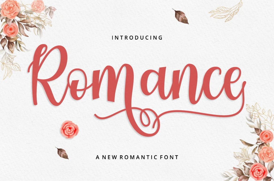 Romance Script Font preview with coral pink handwritten lettering and a long looping swash