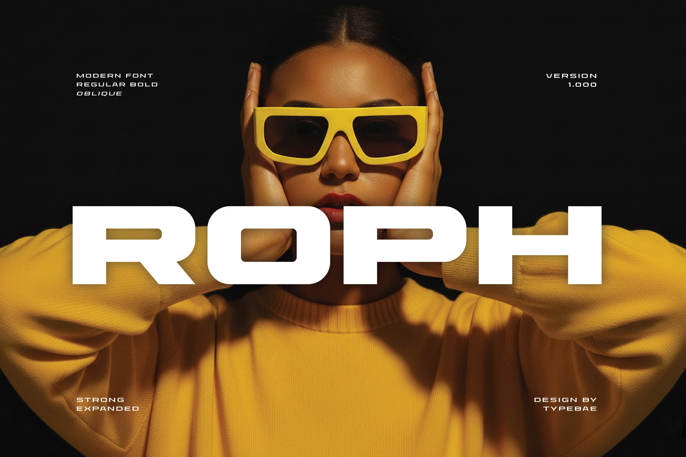 Roph Font preview with bold white geometric sans serif lettering and squared forms