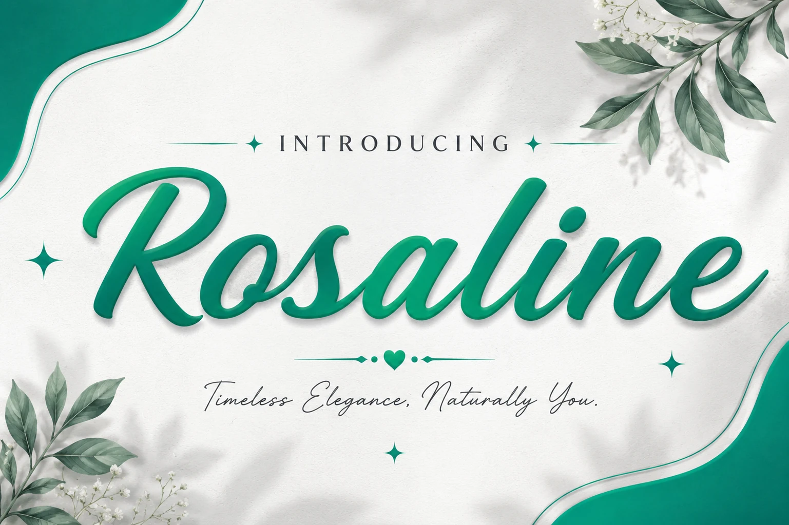 Rosaline Font preview in bold teal script with smooth curves and elegant connected lettering