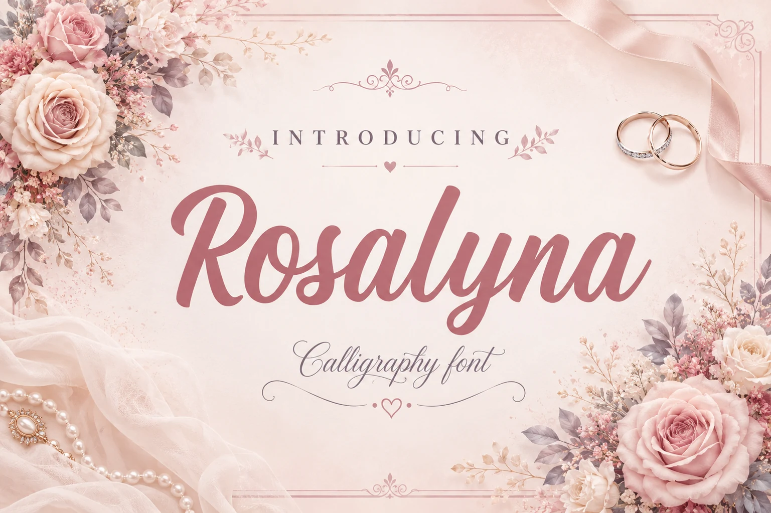 Rosalyna Font preview in dusty pink handwritten script with smooth connected strokes and rounded brush lettering