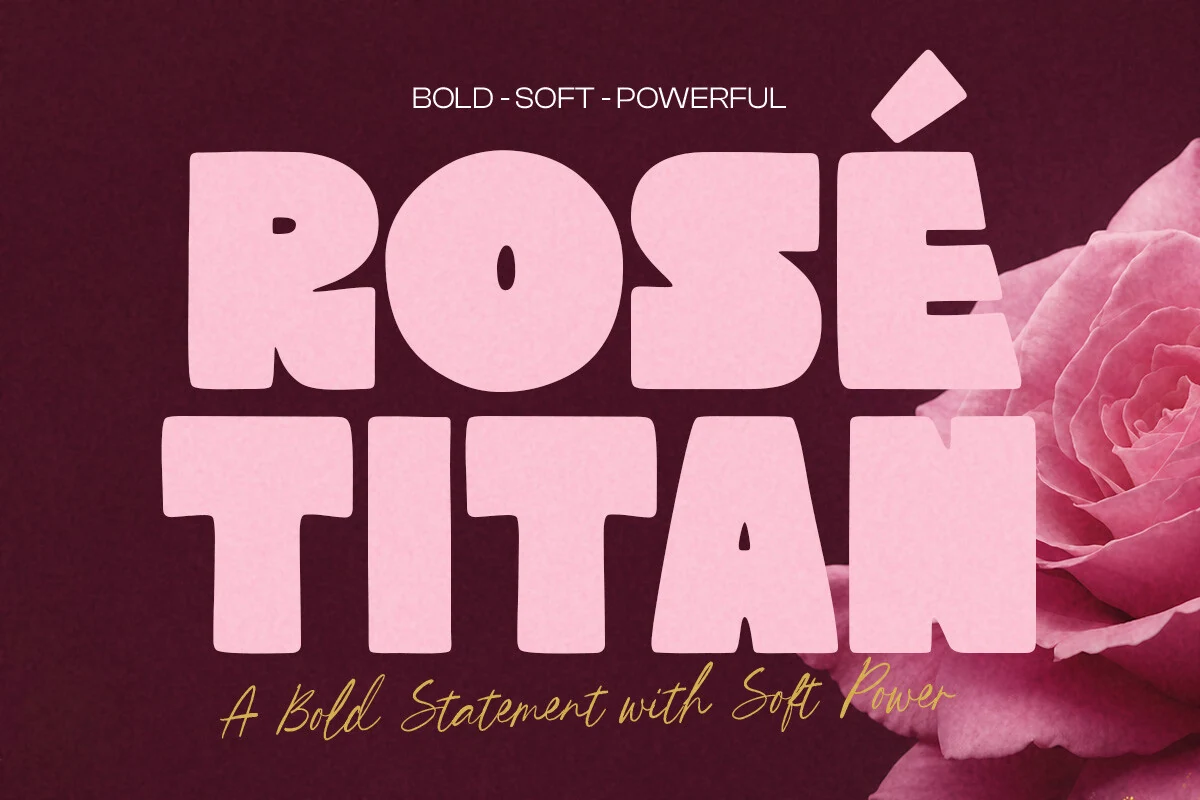 Rose Titan Font preview in chunky pink retro display letters with soft rounded corners