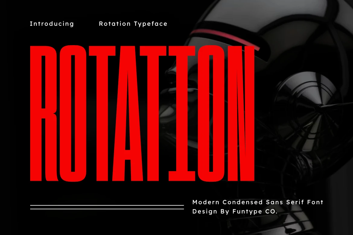 Rotation Font preview with tall red condensed sans serif lettering