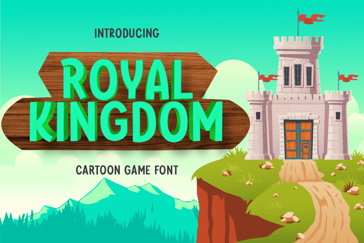Royal Kingdom Font preview with tall rounded turquoise cartoon letters in playful all caps
