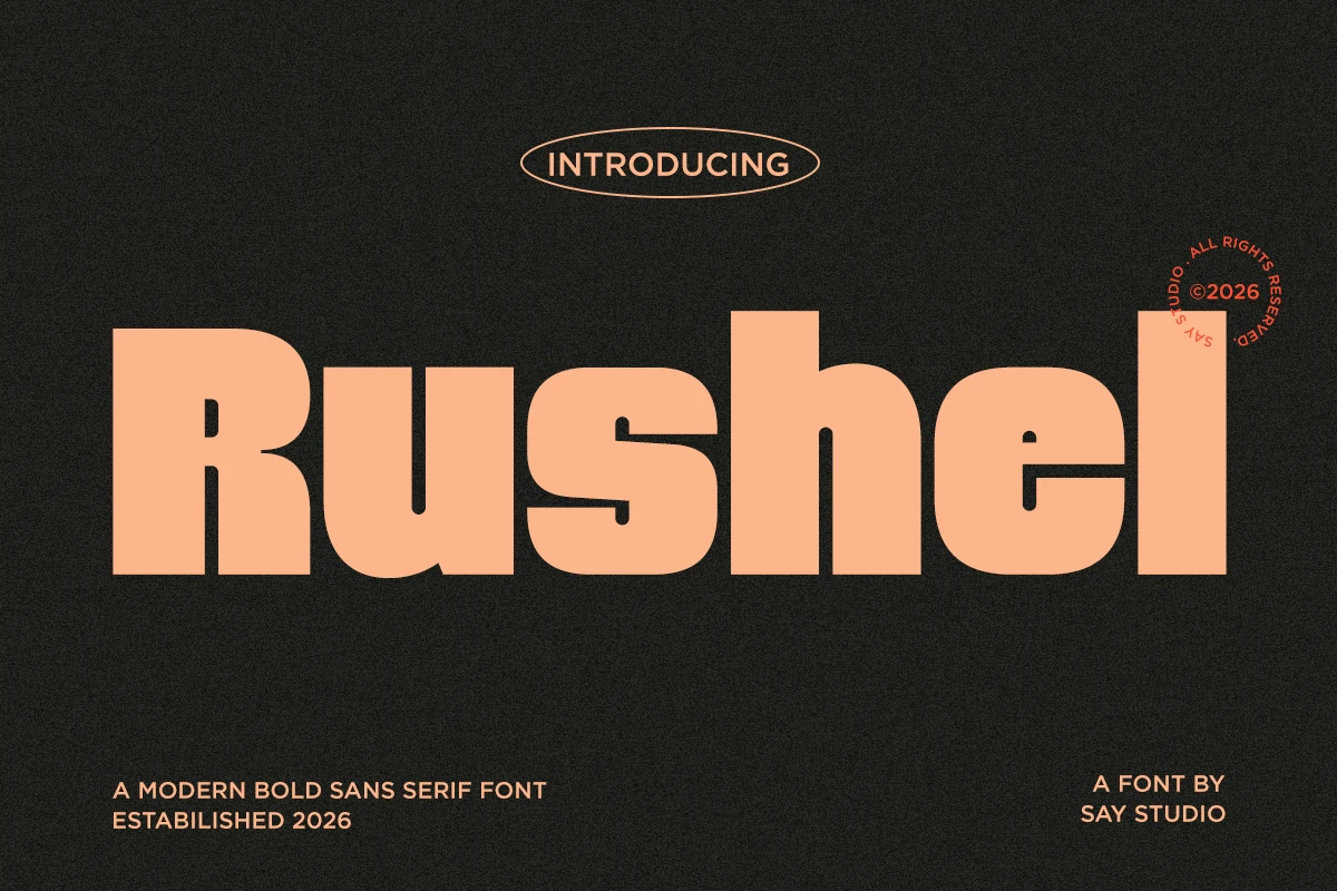 Rushel Font preview in bold rounded peach sans serif lettering