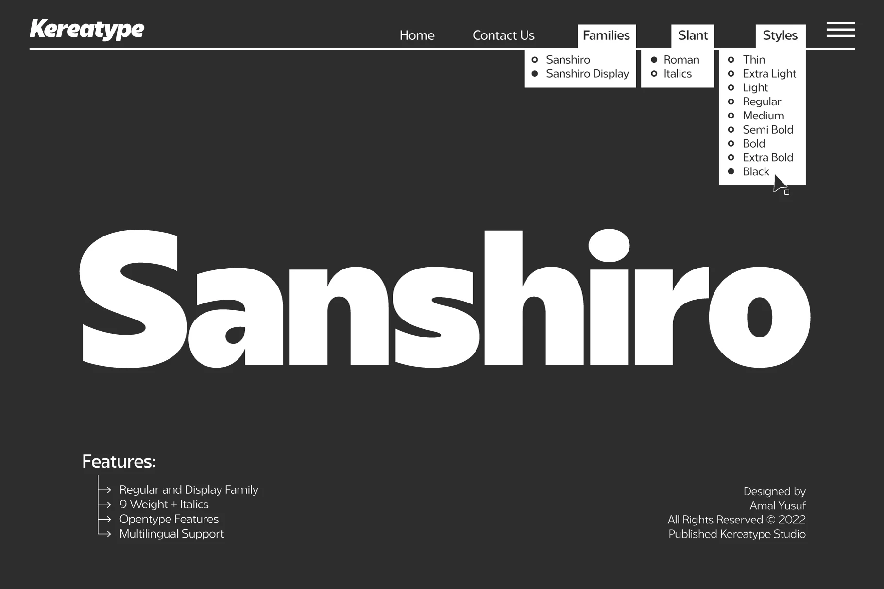 Sanshiro Font preview in bold white geometric sans serif lettering on a dark background