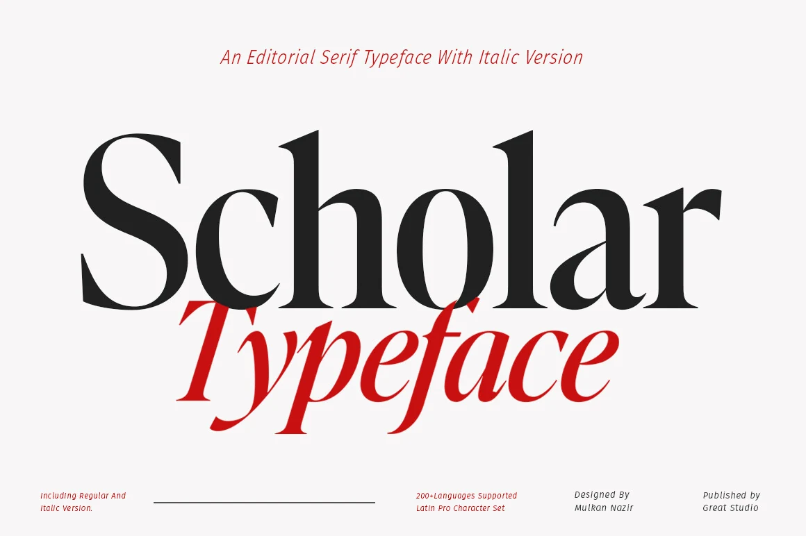 Scholar Typeface Font preview with bold black editorial serif lettering and a red italic companion style