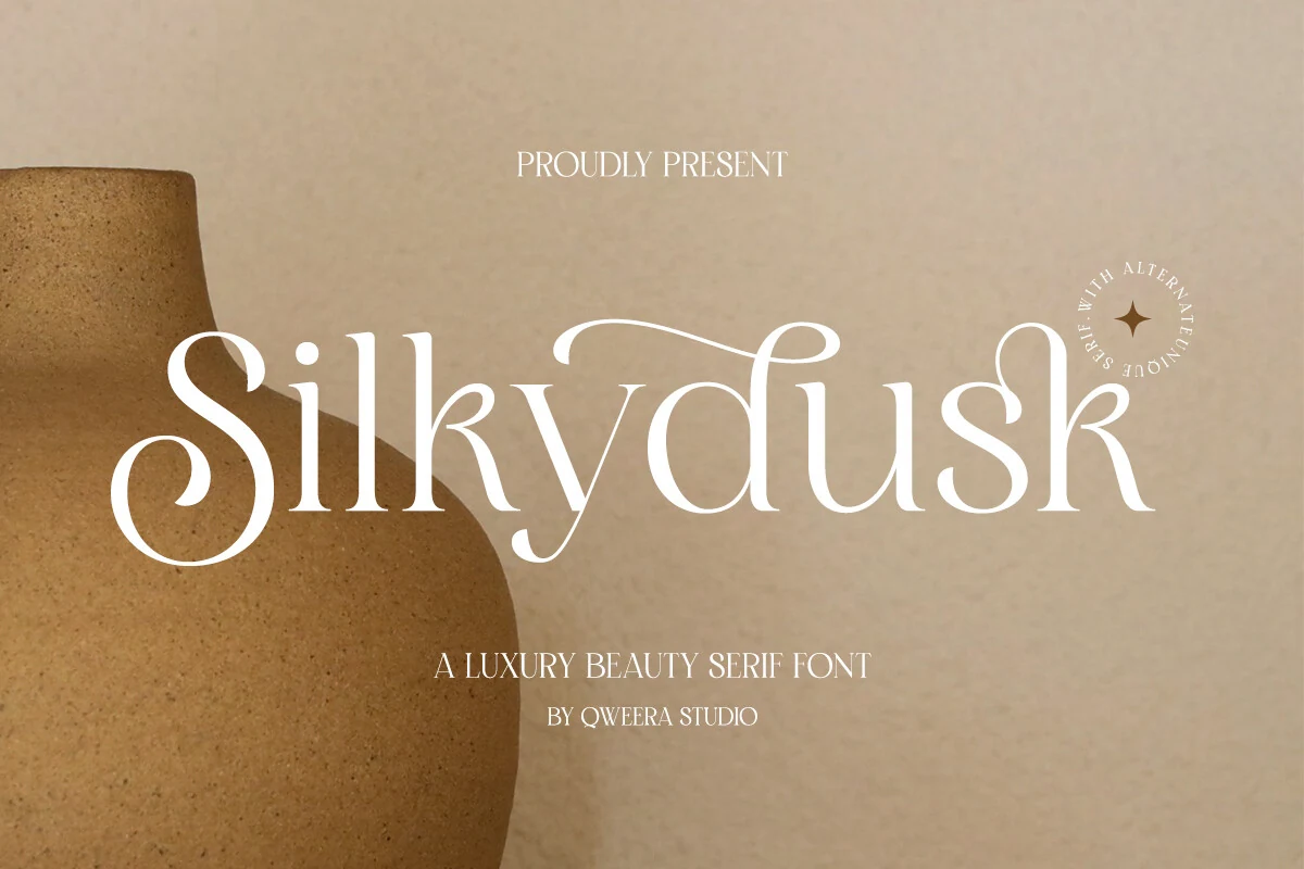 Silkydusk Font preview with elegant white serif lettering and a long flowing swash