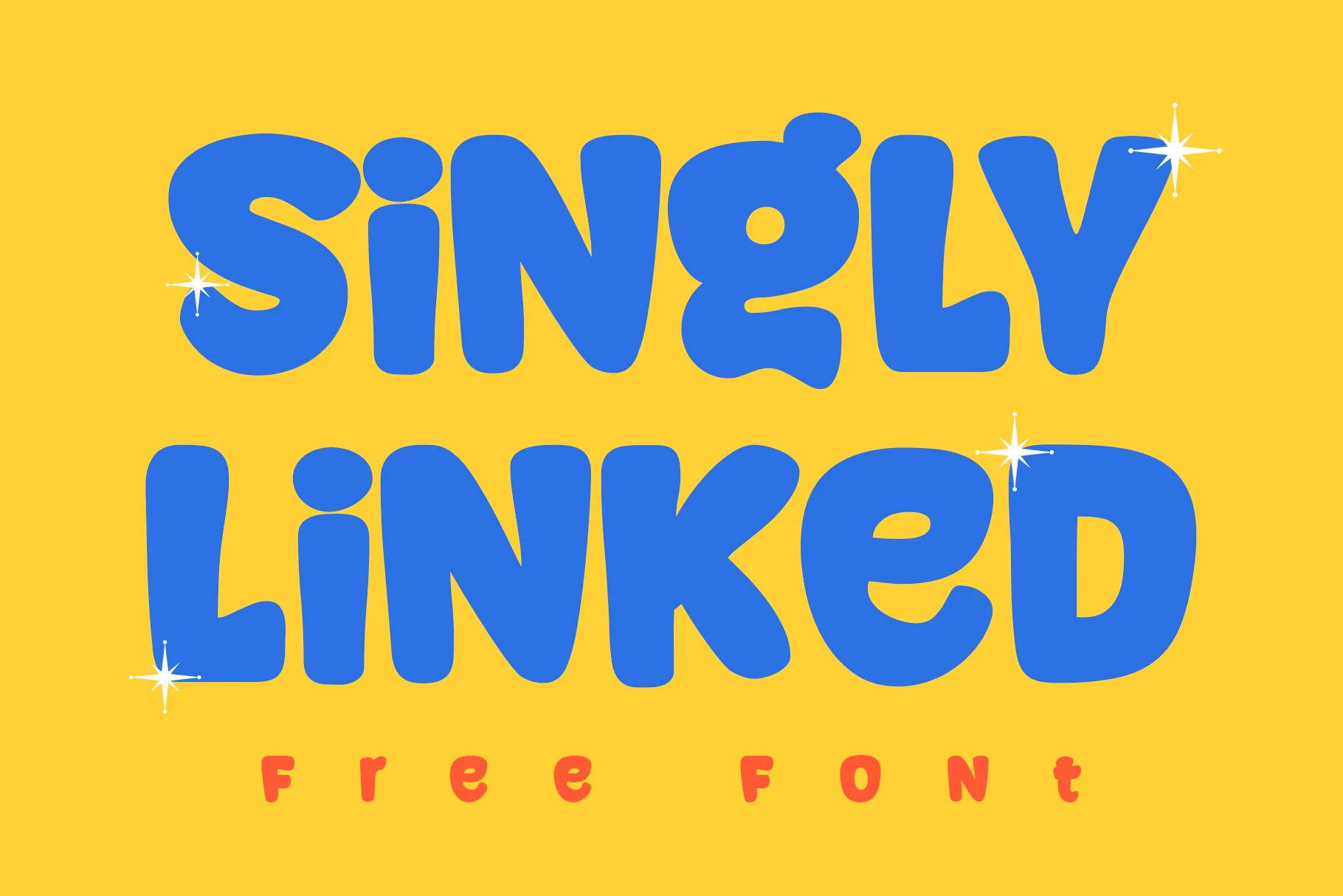 Singly Linked Font preview with chunky blue rounded letters and playful cartoon shapes