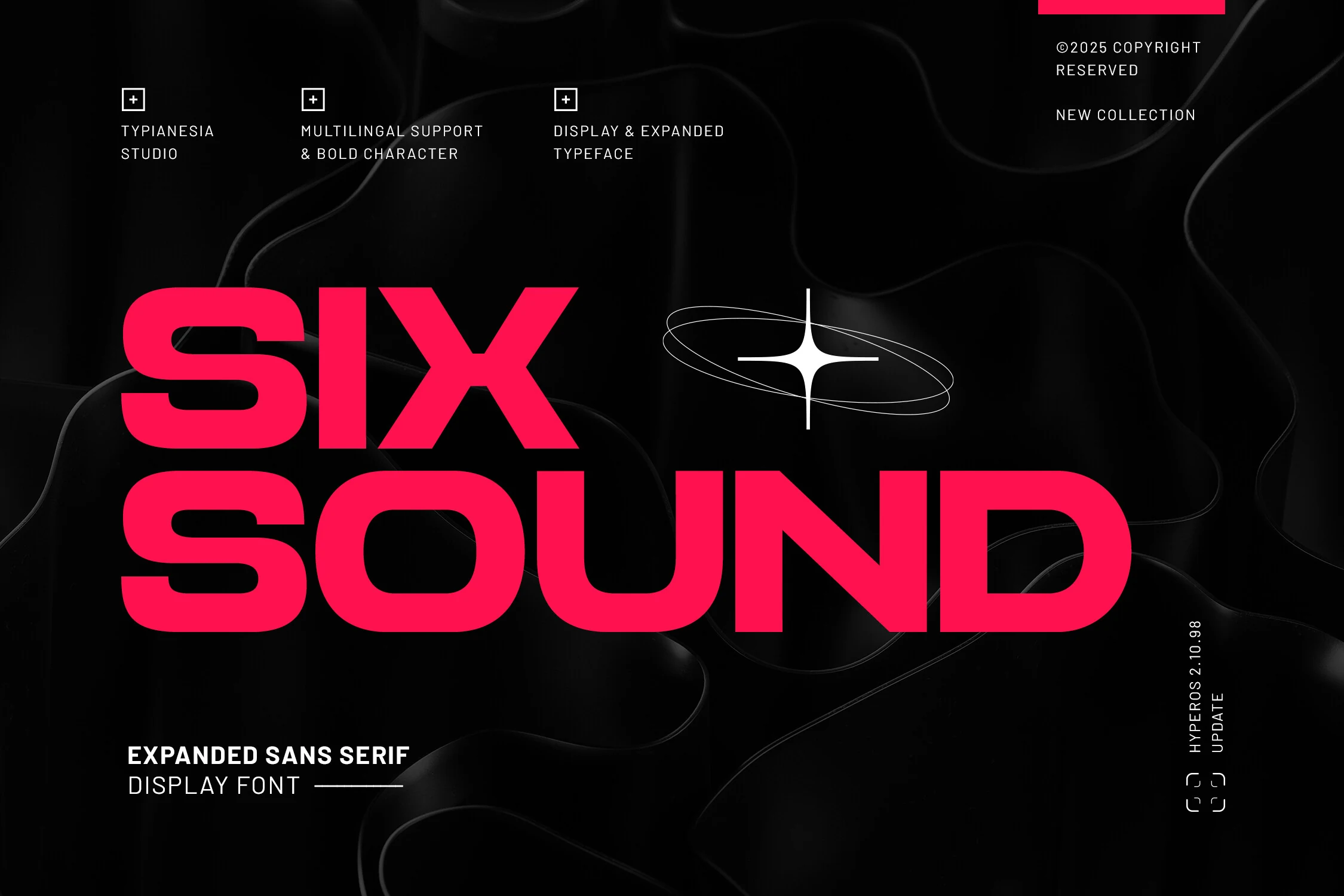 Six Sound Font preview in bold expanded futuristic sans serif lettering