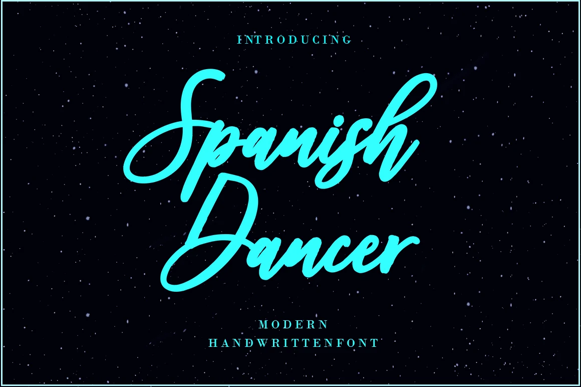 Spanish Dancer Font preview with bright aqua brush script, looping capitals, and flowing connected strokes