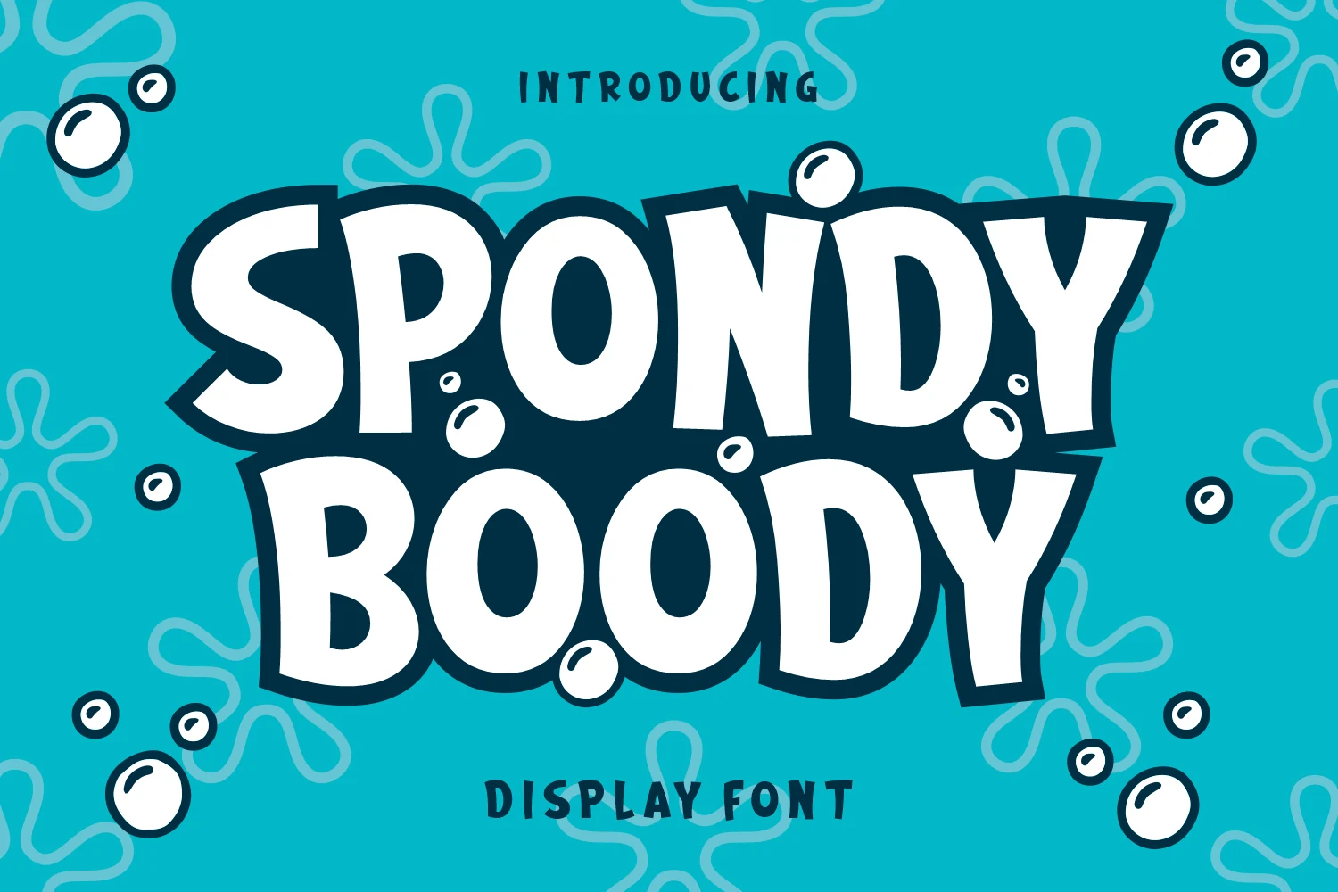 Spondy Boody Font preview with bold bubbly cartoon letters and chunky white shapes
