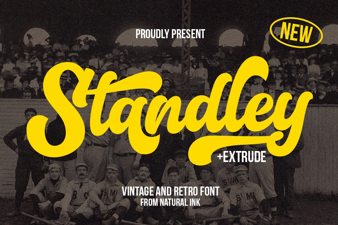 Standley Font preview with bold yellow retro script lettering and long rounded swashes