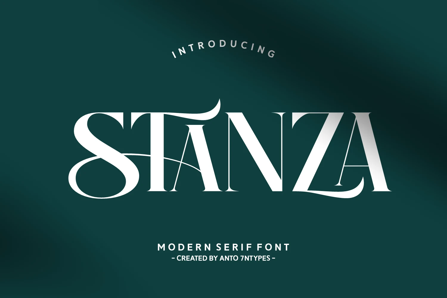 Stanza Font preview with high-contrast white luxury serif letters and sweeping swashes