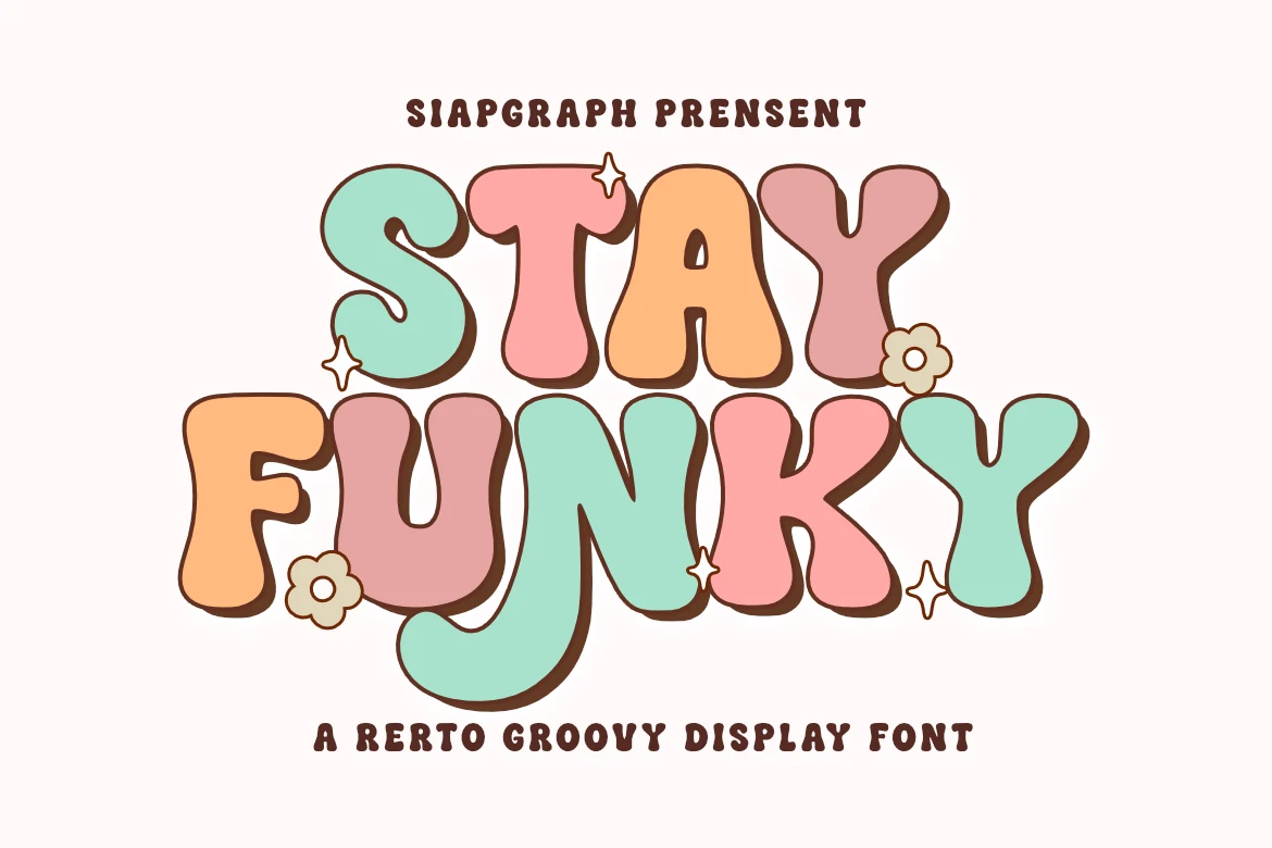 Stay Funky Font preview with pastel bubble lettering in pink, peach, and mint with rounded retro shapes