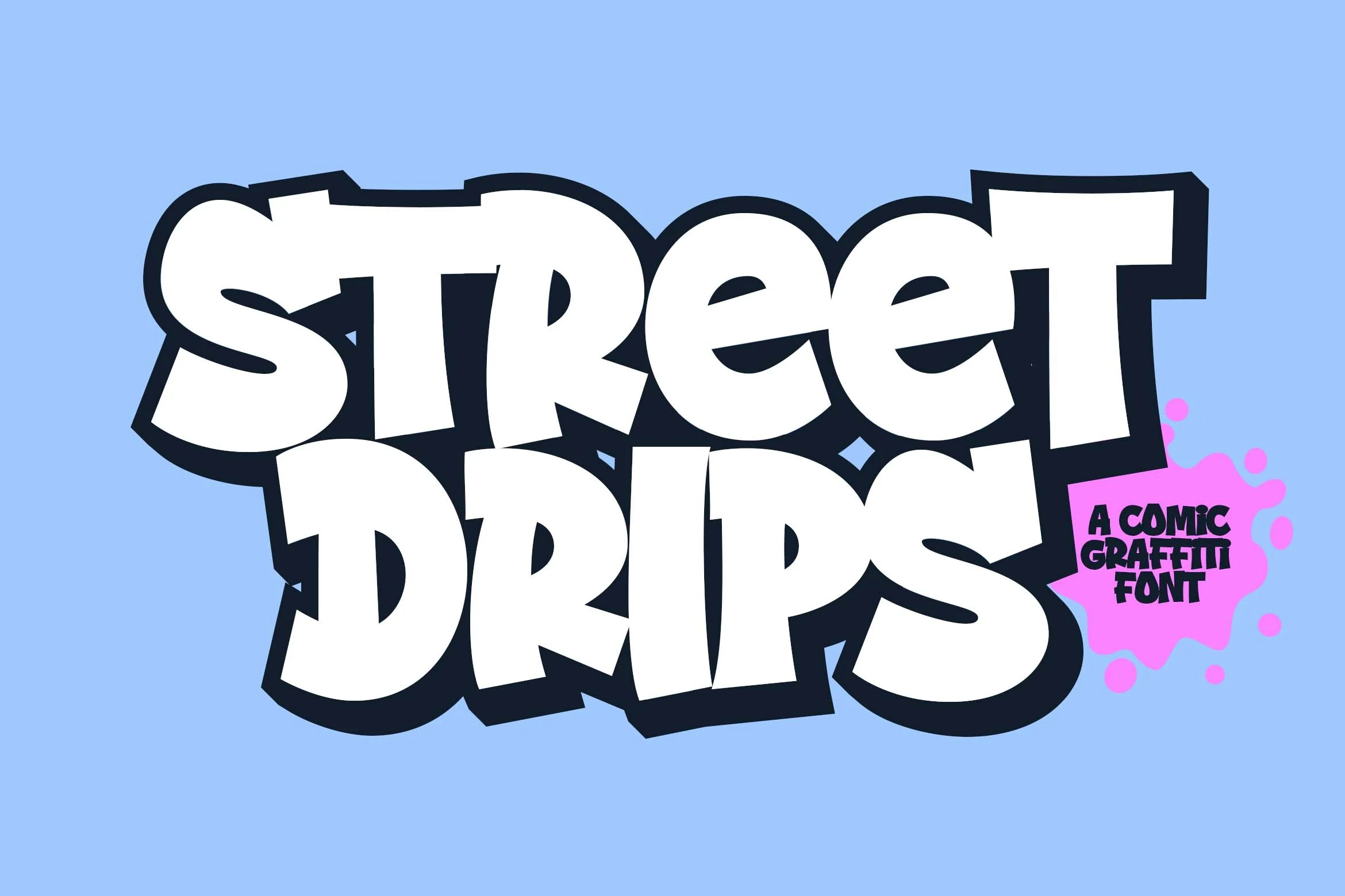 Street Drips Font preview with chunky comic graffiti lettering, white fill, and dark extrude outline