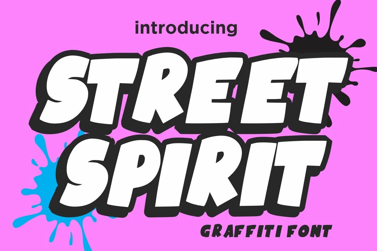 Street Spirit Font preview with chunky white bubble graffiti letters, black outline, and rounded playful shapes