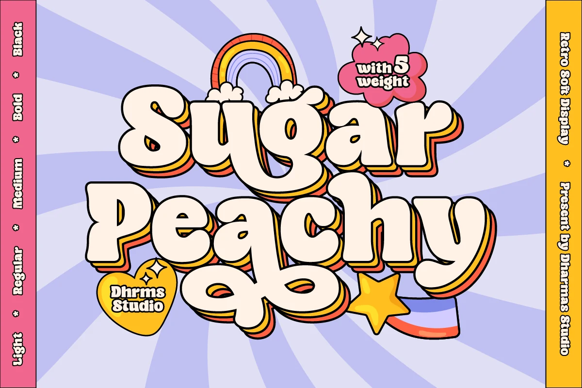 Sugar Peachy Font preview in chunky retro bubble lettering with cream fill and layered orange shadow