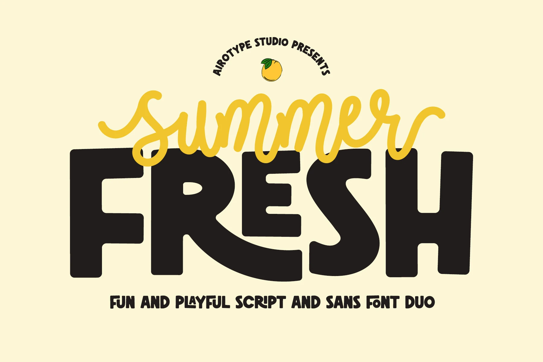 Summer Fresh Font preview with yellow monoline script and chunky black sans lettering