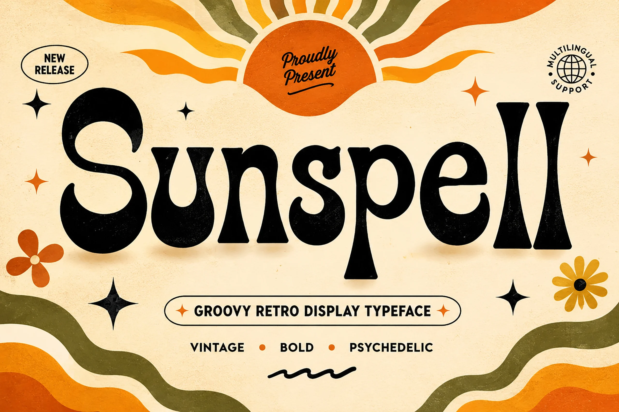 Sunspell Font black groovy retro display lettering with bulbous curves and tall flared stems