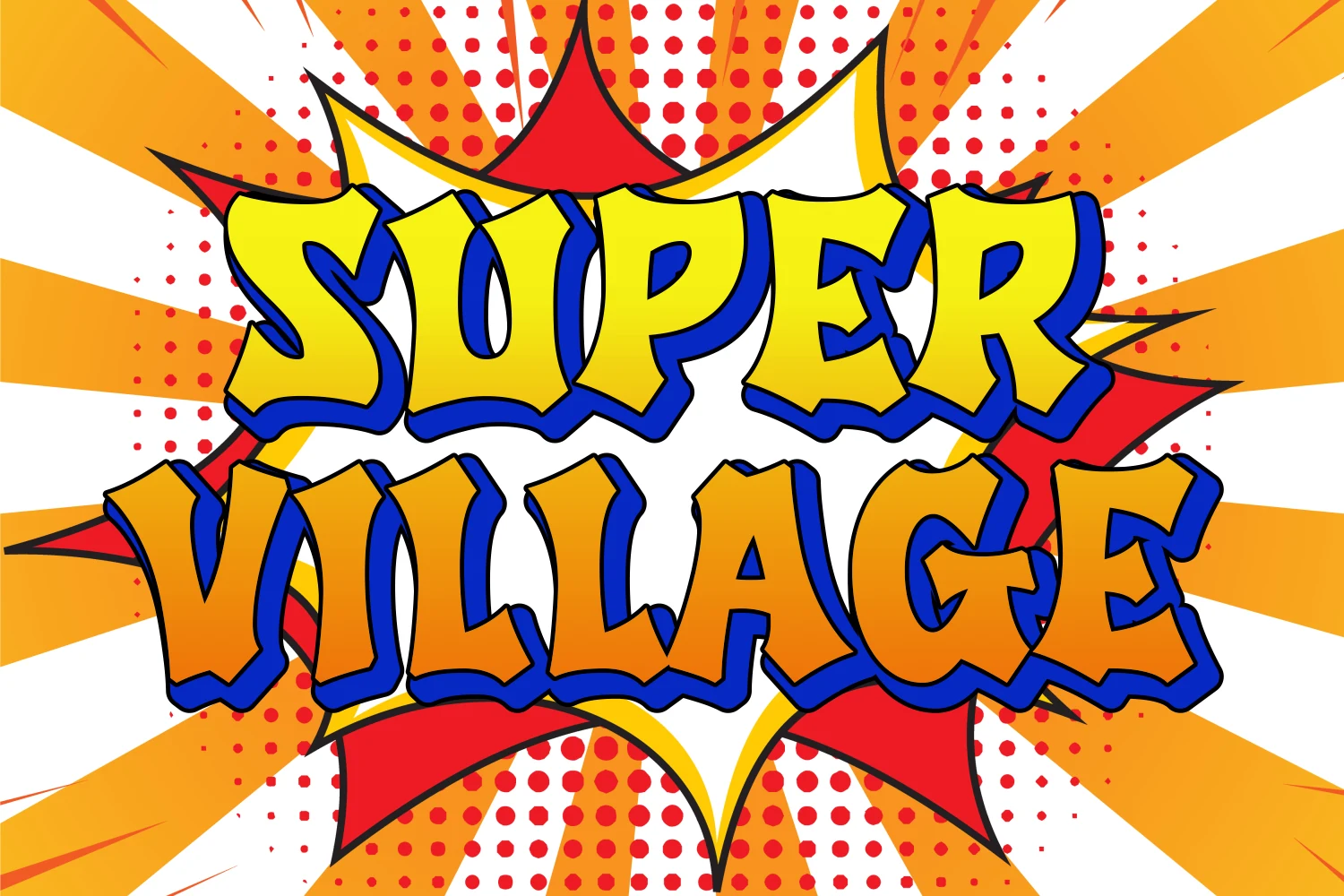 Super Village Font colorful comic display lettering with thick black outline and blue shadow