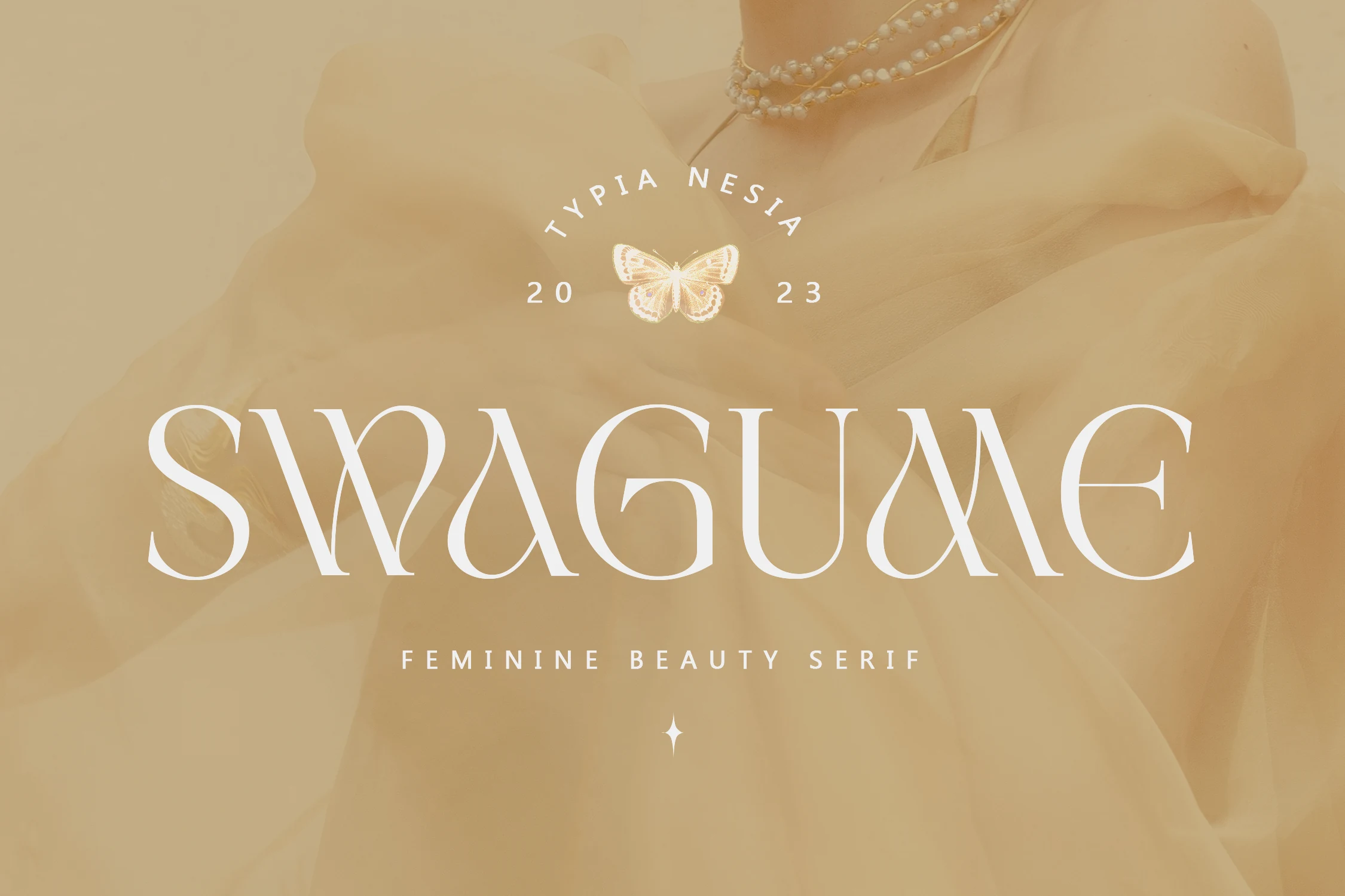 Swagume Font preview with white high-contrast feminine serif lettering and graceful curves