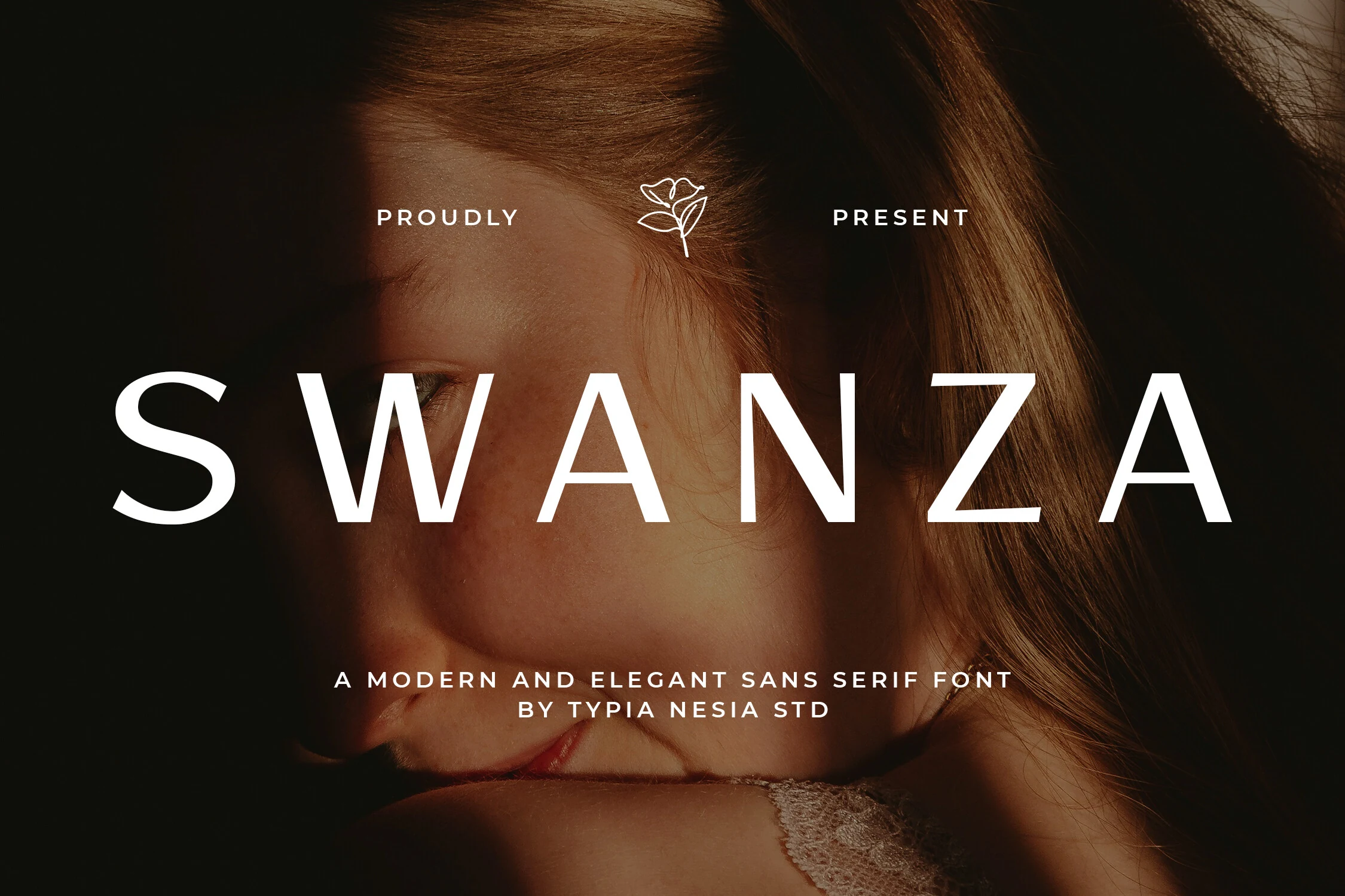 Swanza Font preview with bold white minimalist sans serif lettering and wide spacing