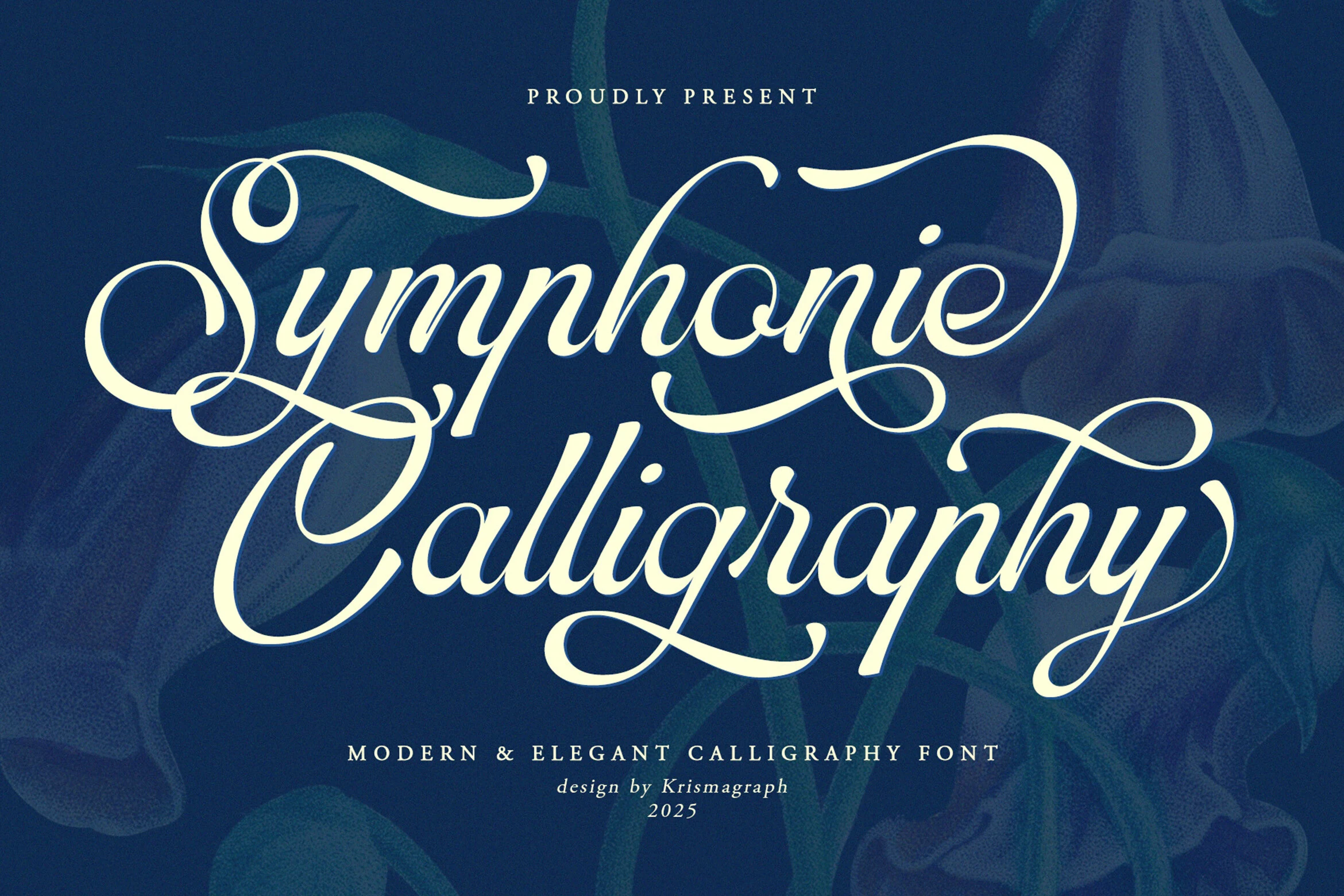 Symphonie Calligraphy Font preview with cream elegant script, high contrast strokes, and ornate swashes
