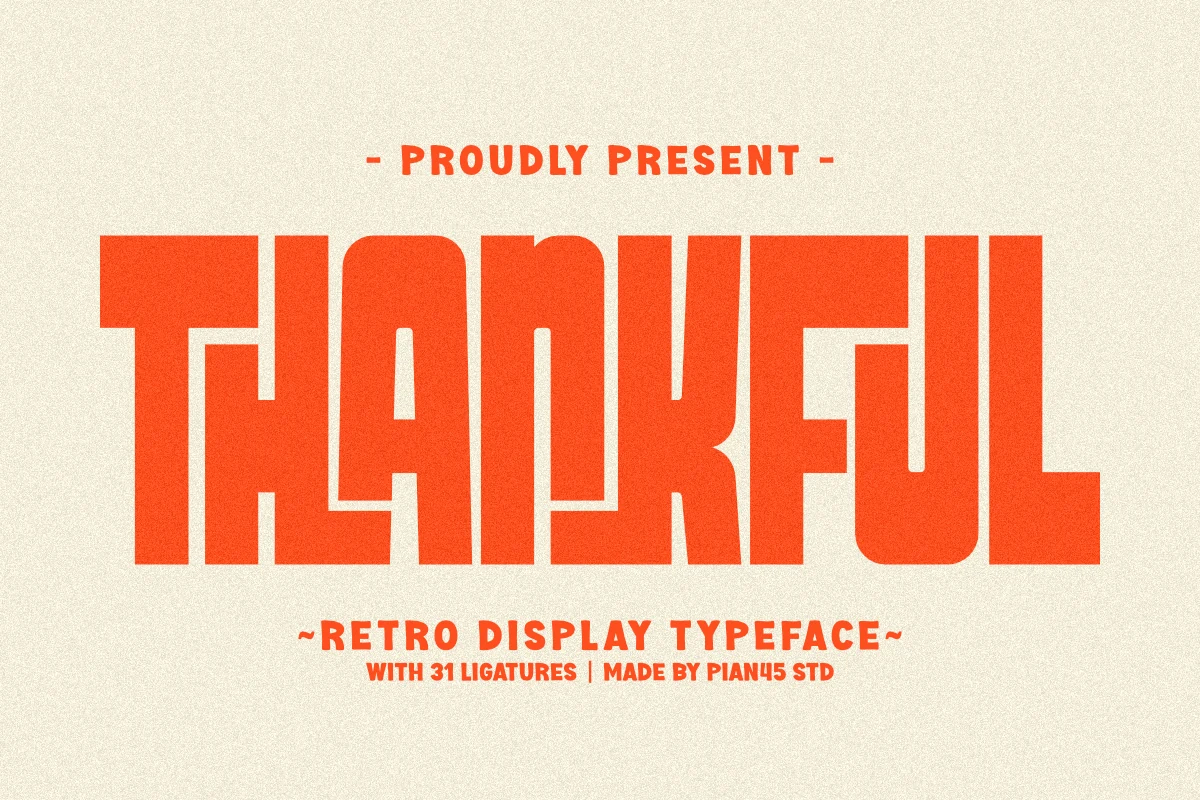 Thankful Font preview with tall chunky retro orange lettering on a textured cream background