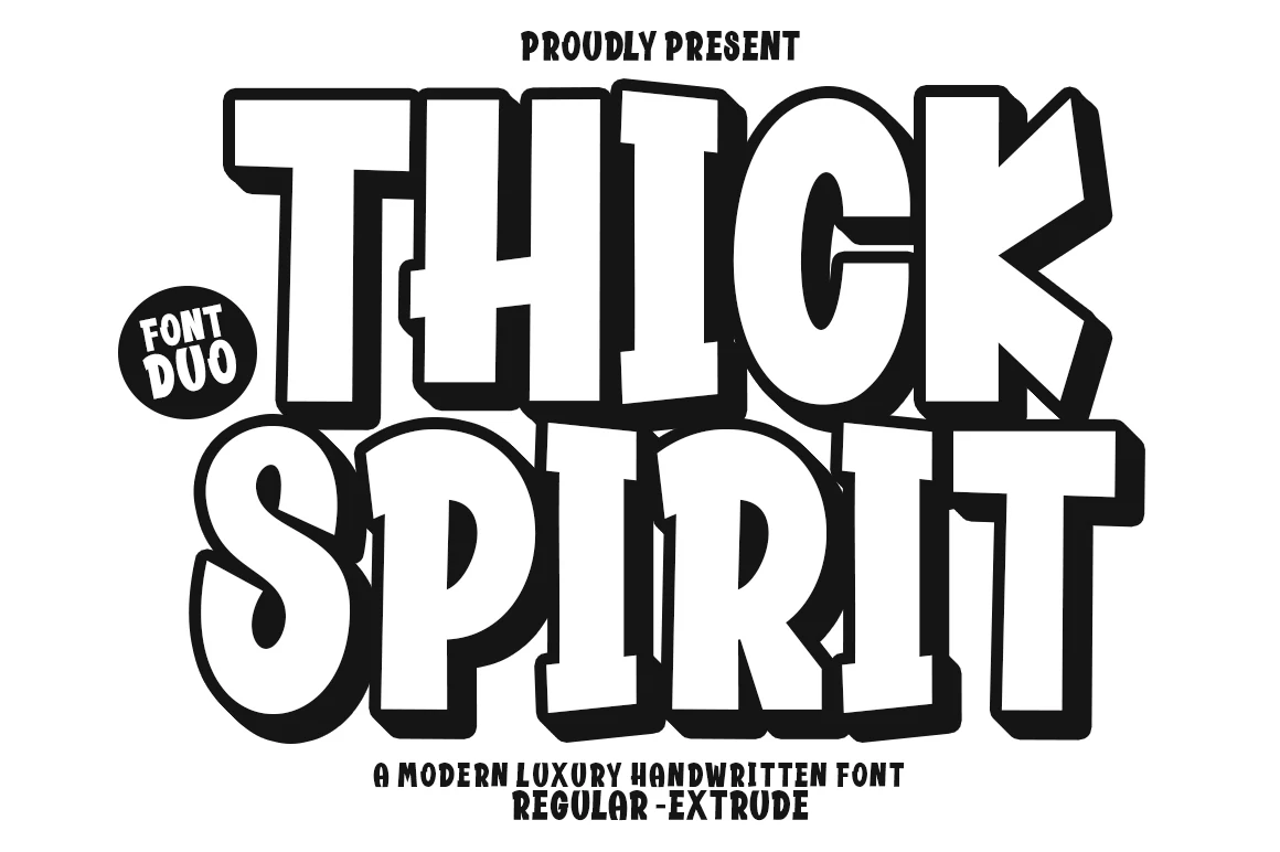 Thick Spirit Font preview in bold white block letters with black outline and playful extruded shadow