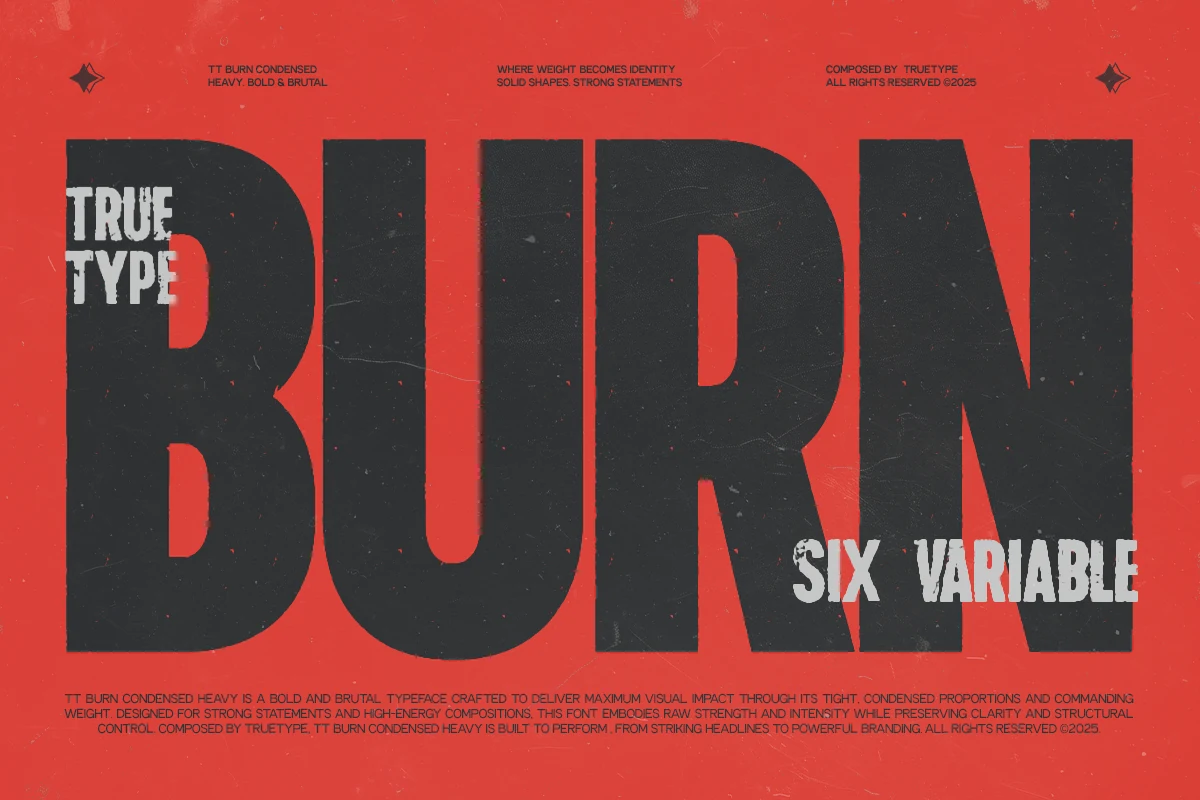 TRT Burn Font preview with bold black condensed uppercase lettering on a red background